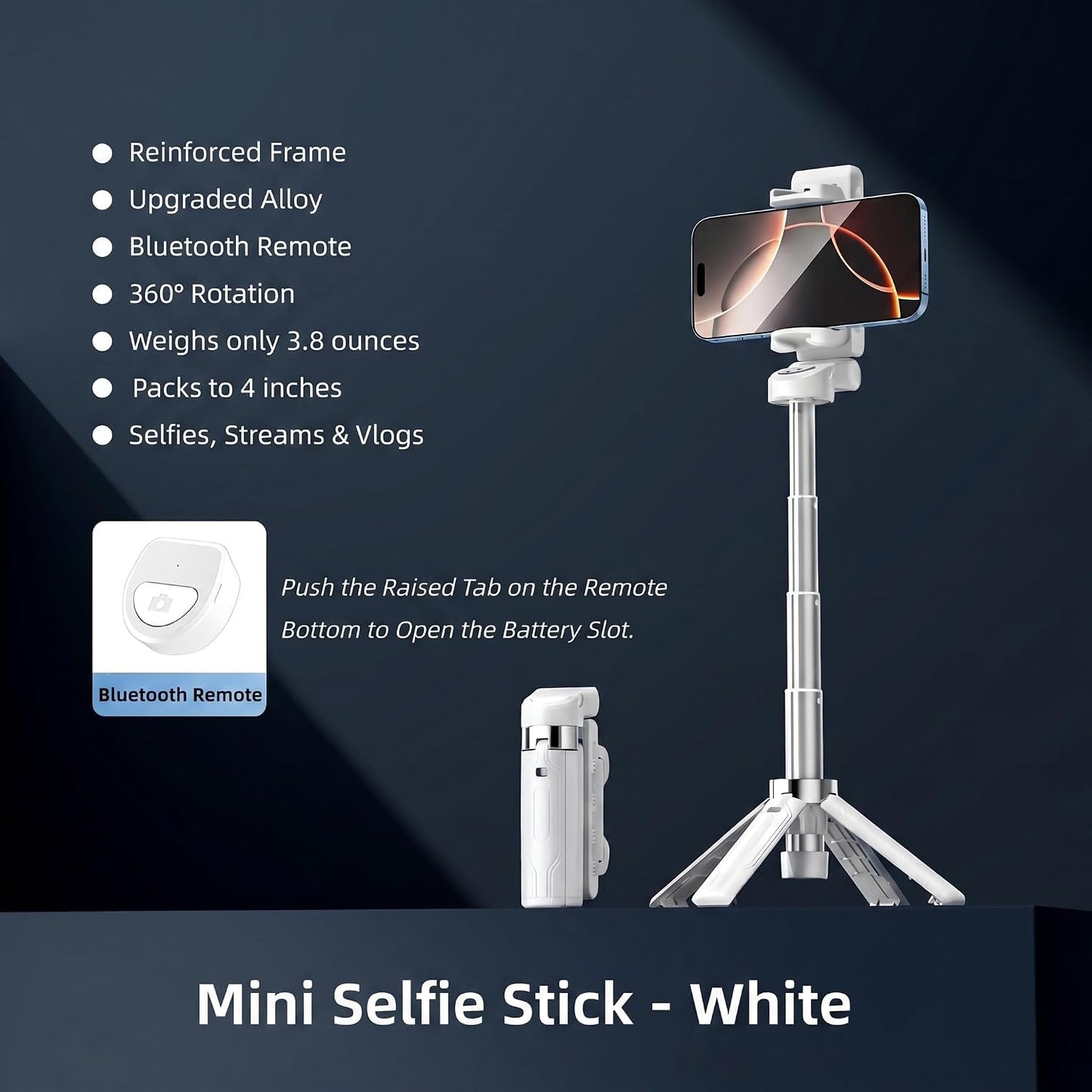 Briteroh 4" 4-Leg 360 3.8 oz Mini Selfie Stick Tripod, Pocket-Sized Selfie Stick with Bluetooth Remote, Reinforced