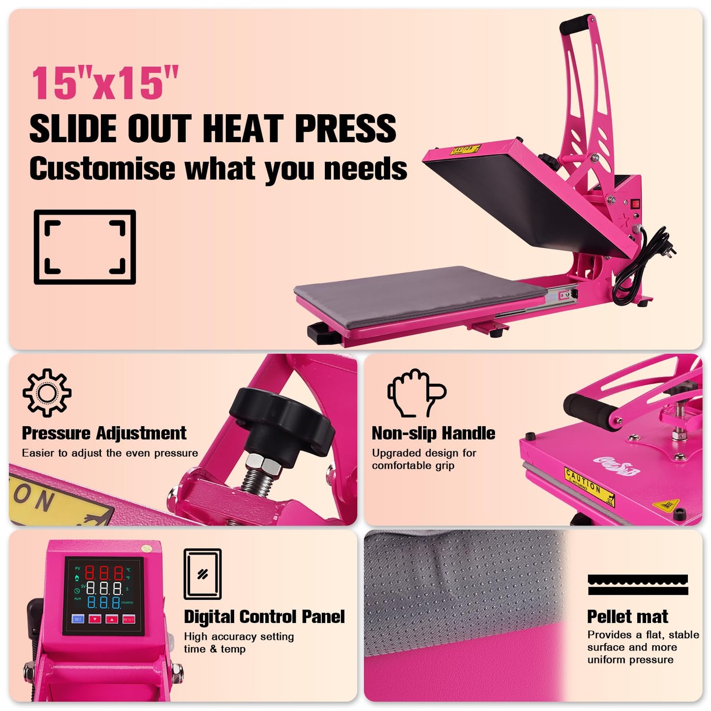 CoolSub Heat Press 15x15 Inch Slide Out Heat Press Machine, Industrial Digital Heat Transfer Machine Sublimation for T-Shirt Hot Pink