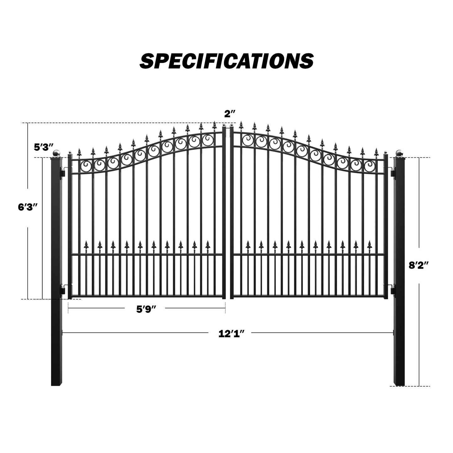 ZUMI Double-Swinging Driveway Gates, 12 x 6 feet, Heavy-Duty Driveway Fence Gates for Home Security, Weatherproof Iron Outdoor Security gate kit, Sydney Style
