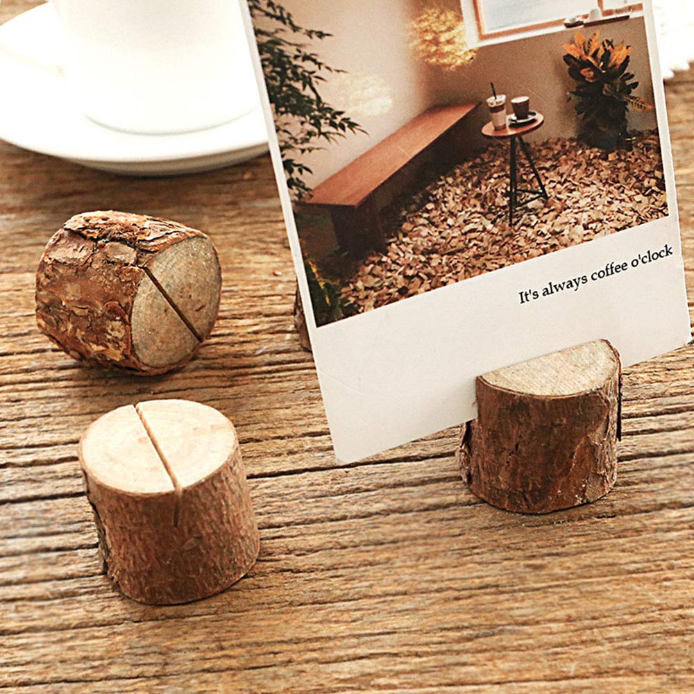whatUneed 20 Pack Place Card Holders, Rustic Real Wood with Wooden Bark Table Card Holder, Number Photo Stand Place Name Memo Card Holder for Wedding Party (20 Holders+20 Kraft Place)