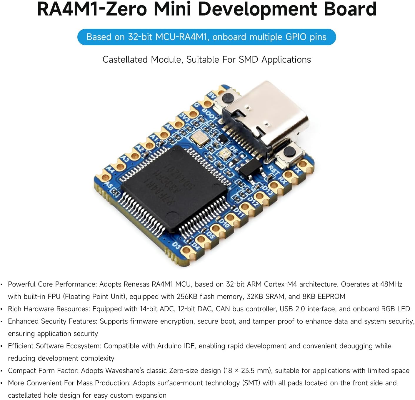 waveshare RA4M1-Zero 32-Bit MCU-RA4M1, 48MHz Mini Development Board, Based on Operating Frequency, Built-in FPU