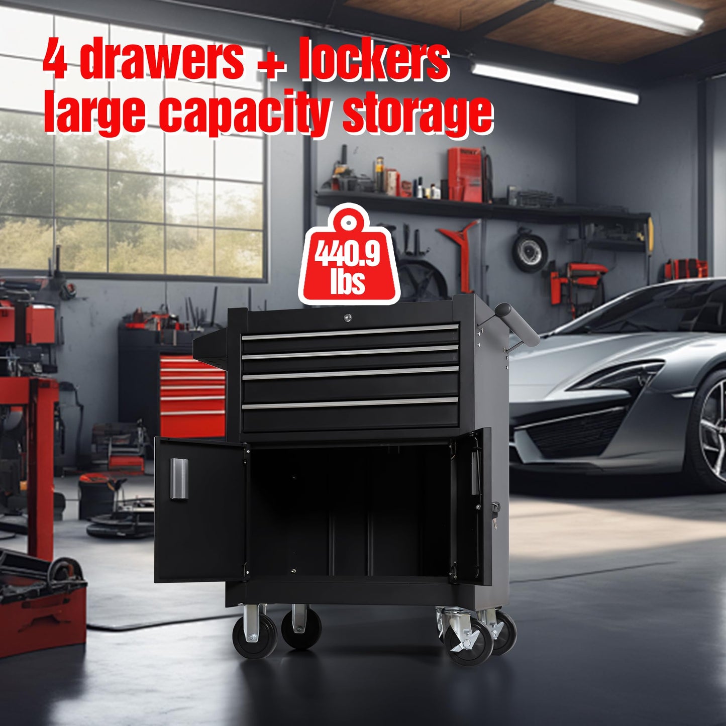 TANKSTORM 4-Drawer Rolling Tool Chest with Cabinet, Heavy Duty Metal Tool Box on Wheels, Lockable Rolling Tool Cabinet with Drawers & Doors, Garage Tool Storage Organizer for Workshop, Repair Shop