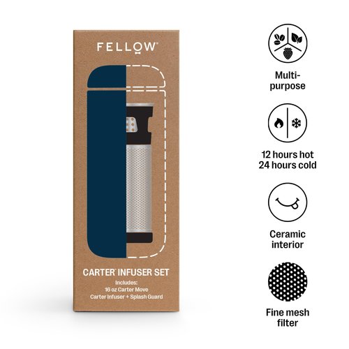 Fellow Carter Tea + Cold Brew Infuser & Carter Move 16 oz Tumbler Set - Steep Tea On-The-Go - Vacuum-Insulated Stainless Steel Travel Mug w/Snap-In Infuser For Steeping Tea, Cold Brew, Stone Blue