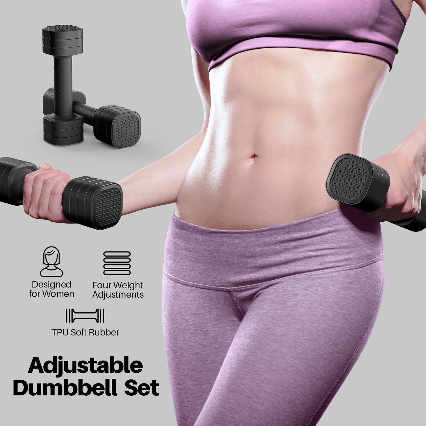 Zempox Adjustable Dumbbell Set, 4 in 1 Free Weight Dumbbell Set for Women, Hand Weight for Women at Home, Each 2lb 3lb 4lb 5lb with TPU Soft Rubber Handle for Home Gym Aquatic Fitness Equipment,Black
