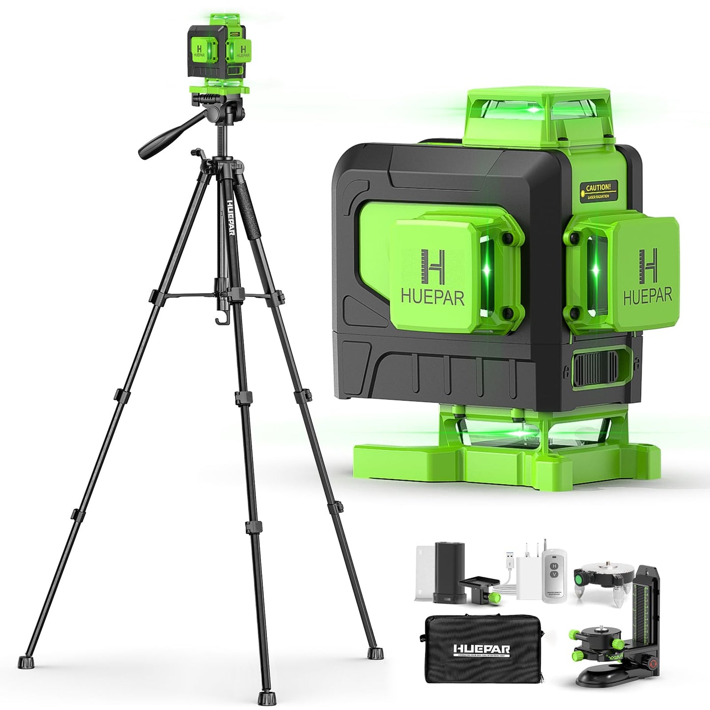 Huepar Laser Level 4x360 Self Leveling with 60" Tall Tripod, 4D Green Cross Line Lazer Leveler Tool with Outdoor Pulse Mode, 16 Lines Great for Tiling, Ceiling, Wall Work & DIY Home Renovation