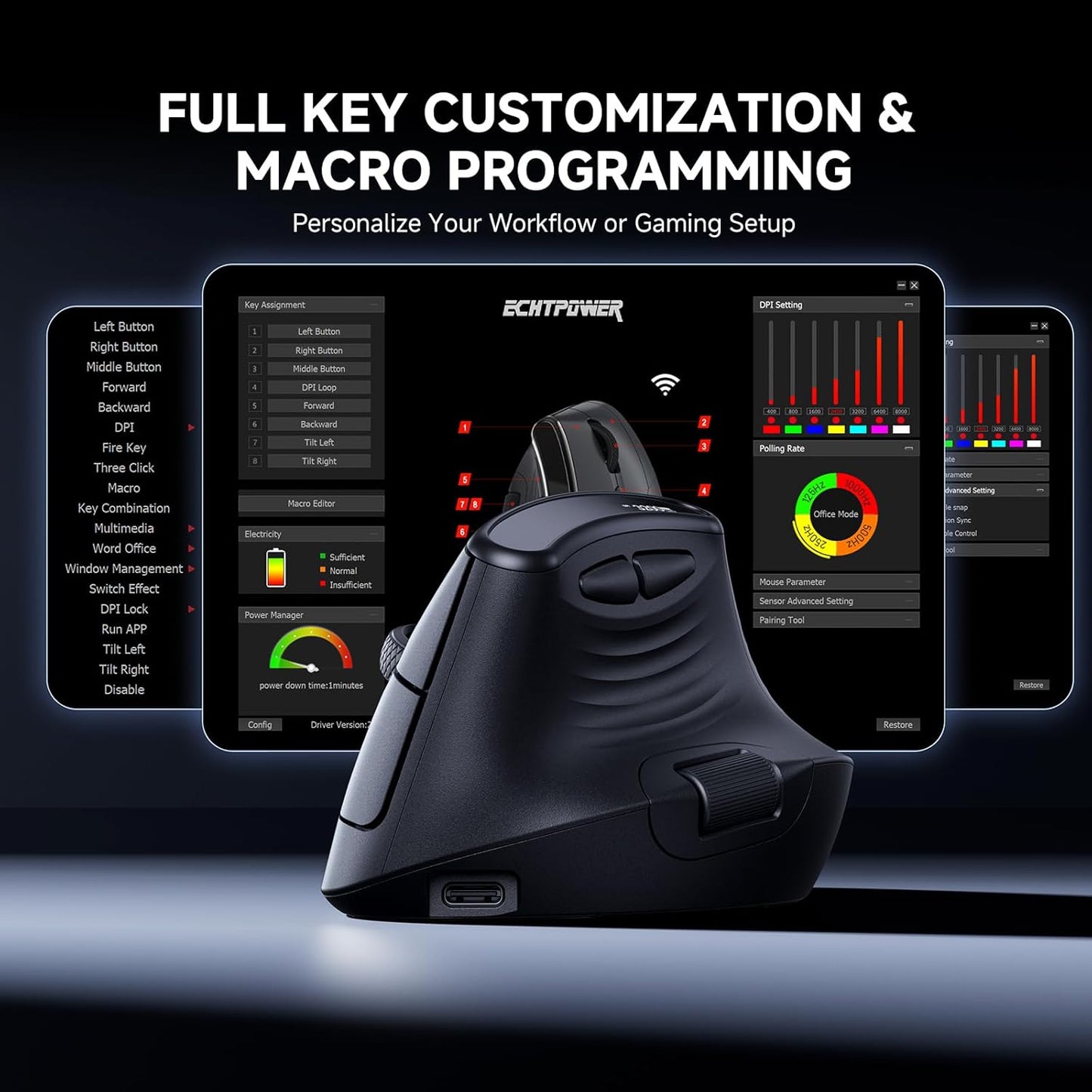 ECHTPower 7-Level 8000, Programmable Ergonomic Vertical Mouse, Wireless Rechargeable Mouse with LED Display, Adjustable