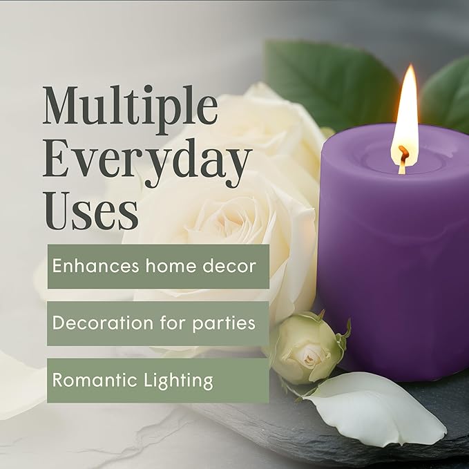 Mister Candle Dripless Unscented Pillar Candles, Set of 3 Hand Poured Solid Color Non-Scented Candles for Home Decor, Premium Wax, 60 Hr Burn Time - 3x4 Inch, Purple