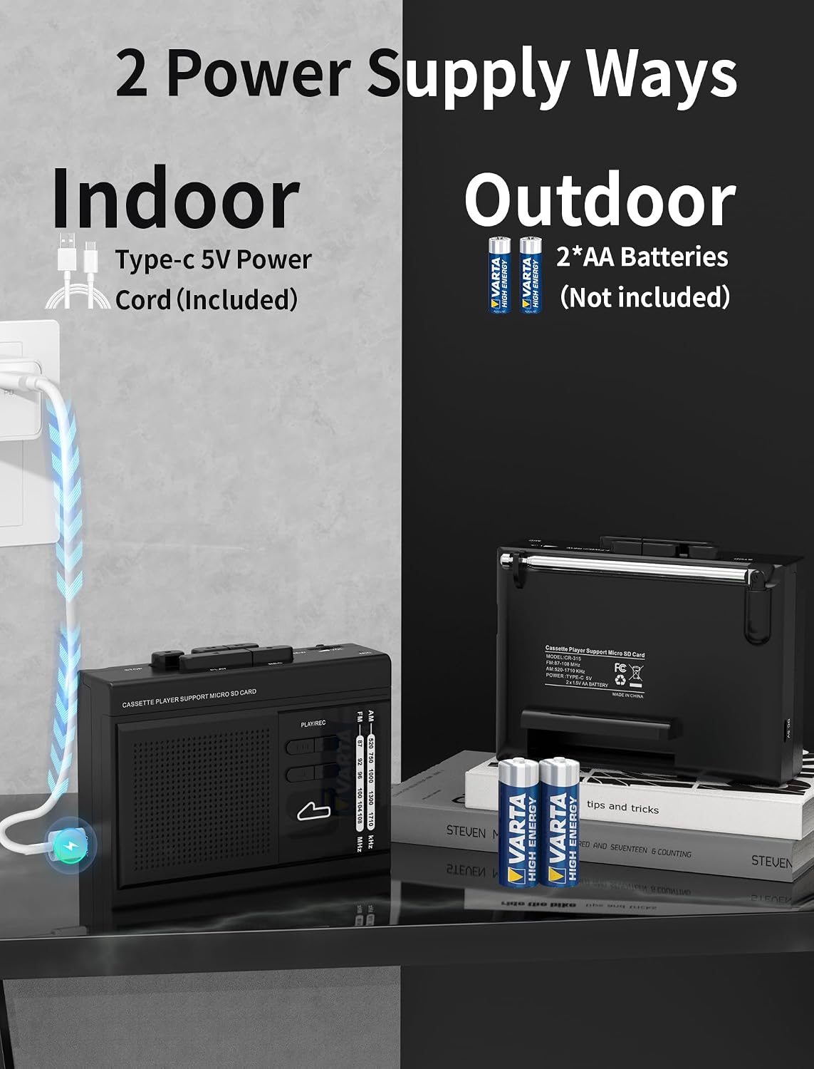 Cassette MP3 Cassette Radio,Cassette Recorder,USB-C/2AA Microphone,3.5mm to Player via SD Card Converter with AM FM
