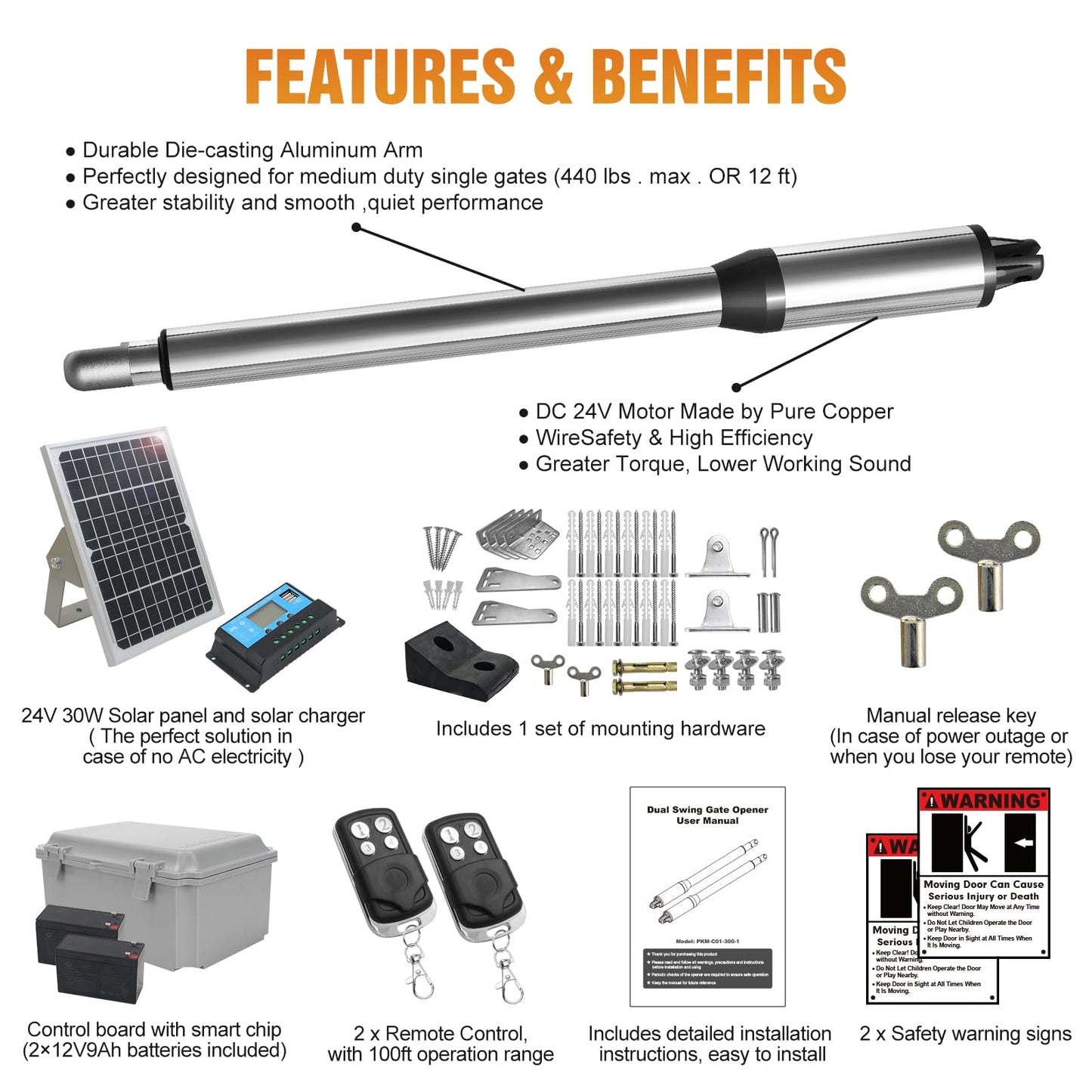 JUJIANG C01 Solar Gate Opener with Batteries & Solar Panel for Single Swing Gates Up to 440lb 12FT Automatic Gate Openers with Remote Complete Kit Light Duty Automatic Gate Openers Solar Powered