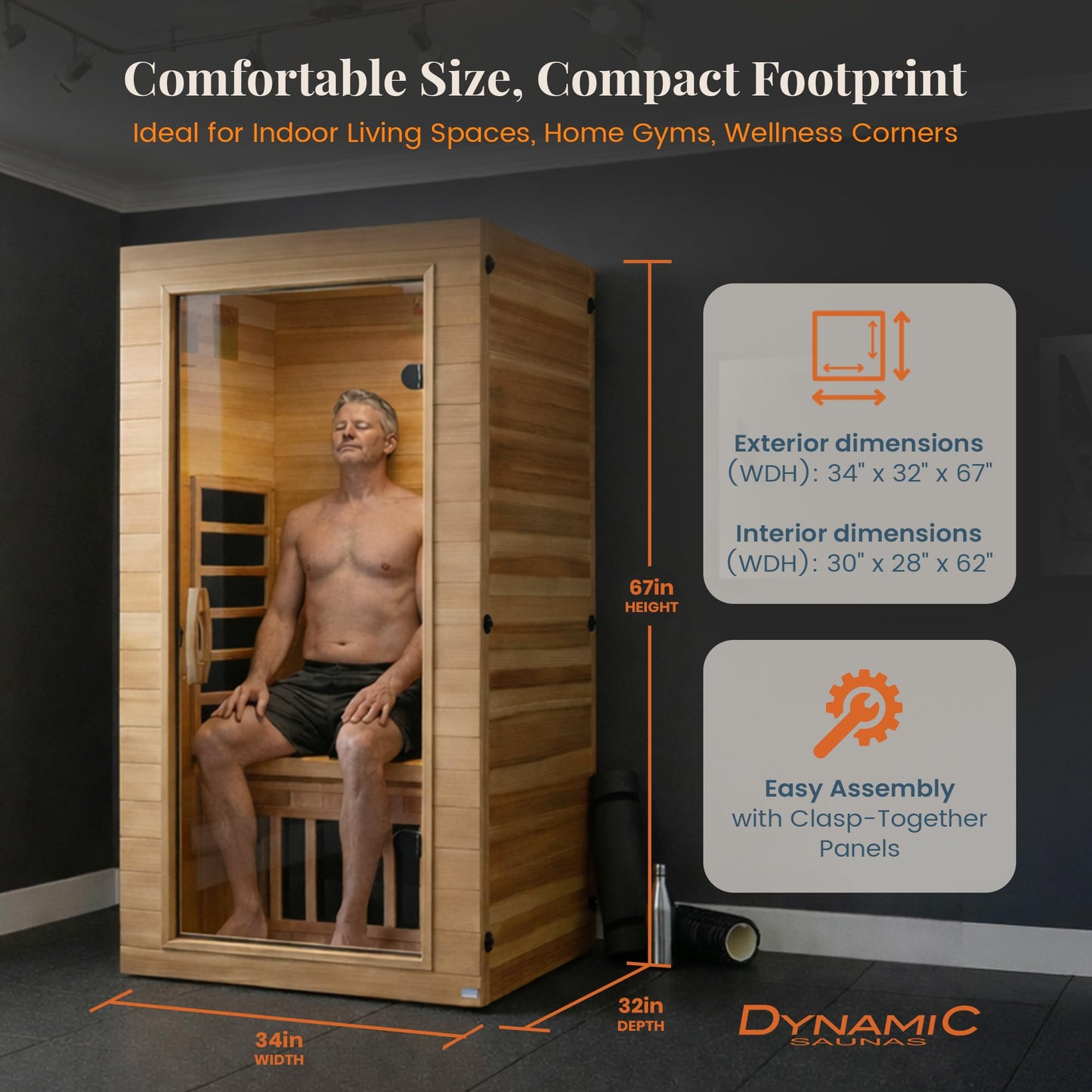 DYNAMIC SAUNAS Elite 1 Person Compact Ultra Low EMF FAR Infrared Sauna with Red Light Therapy & Bluetooth Speakers - Personal Indoor for Home & Gym