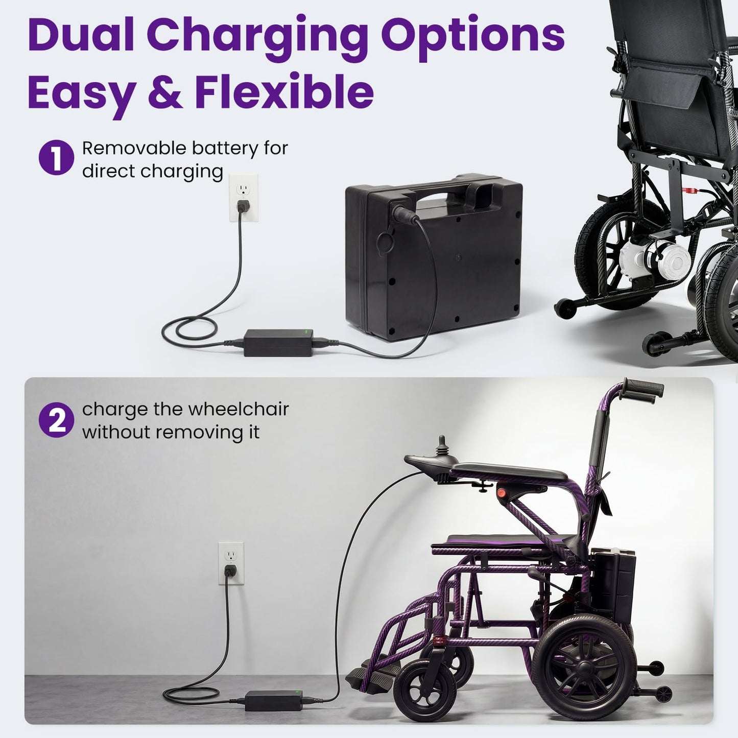 Electric Wheelchairs for Adults，Lightweight Foldable Wheelchair 15 Miles Long Travel Range, 360° Joystick Control Motorized Wheelchair, Support 286 lbs with LED Light Power Wheelchair (Purple)