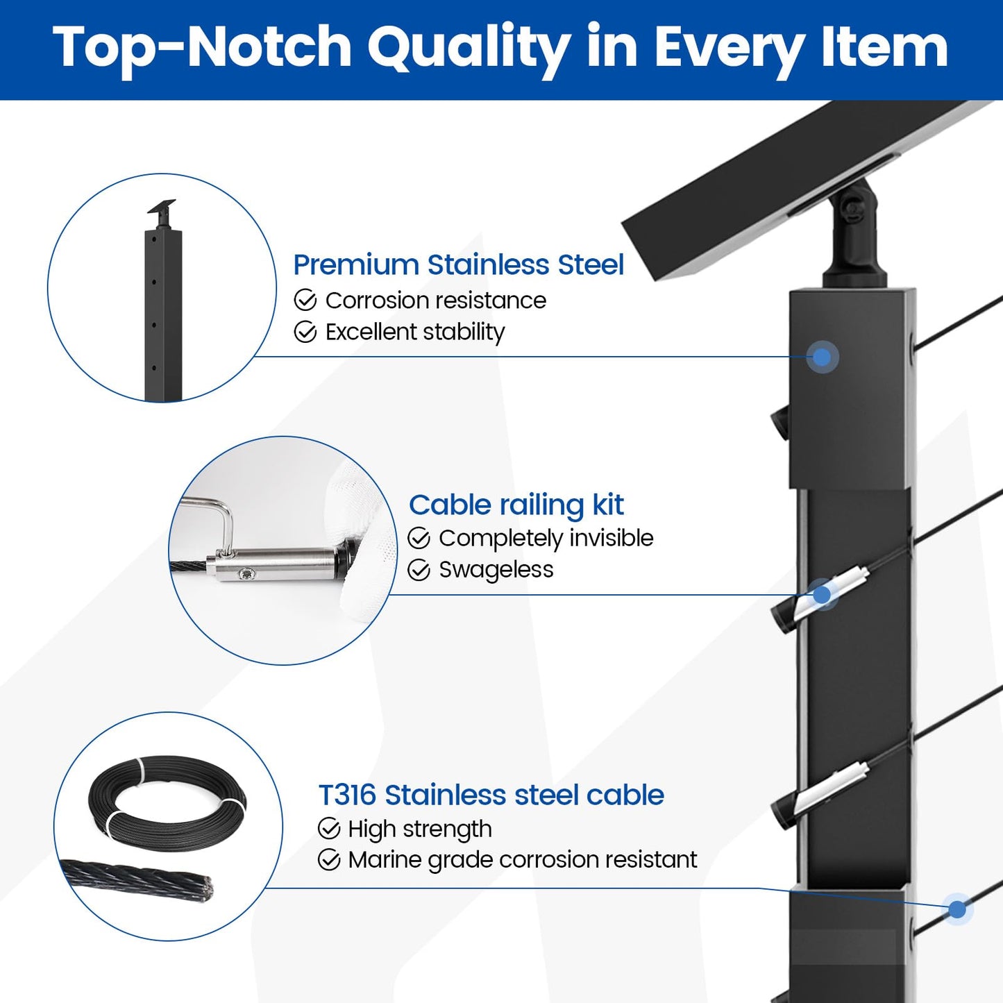 Muzata 8-12FT Modular Black Side Mount Cable Railing Kit 36 Inch 3 Stair Post Kit Complete Set Cable Railing System for Stairs Length Adjustable Easy DIY with Paper User Guide (No Handrail) RW29