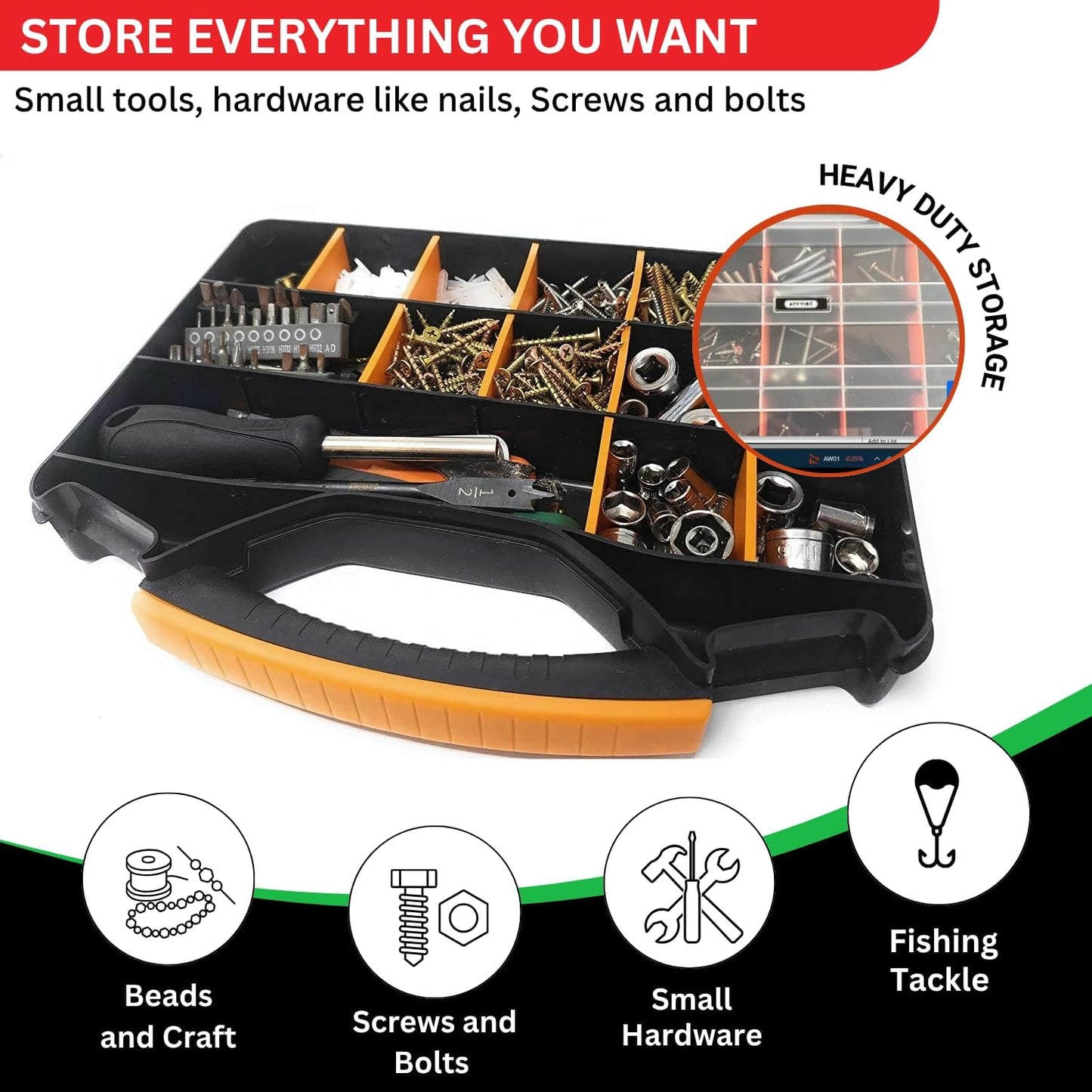 Andalus Tools Organizer Box, Small Parts Storage 18-Compartment Portable Hardware Organizer Removable Plastic Dividers for Screws, Nuts, Bolts, Nails – Orange (2 Pack, 12.75" x 10" x 1.75")