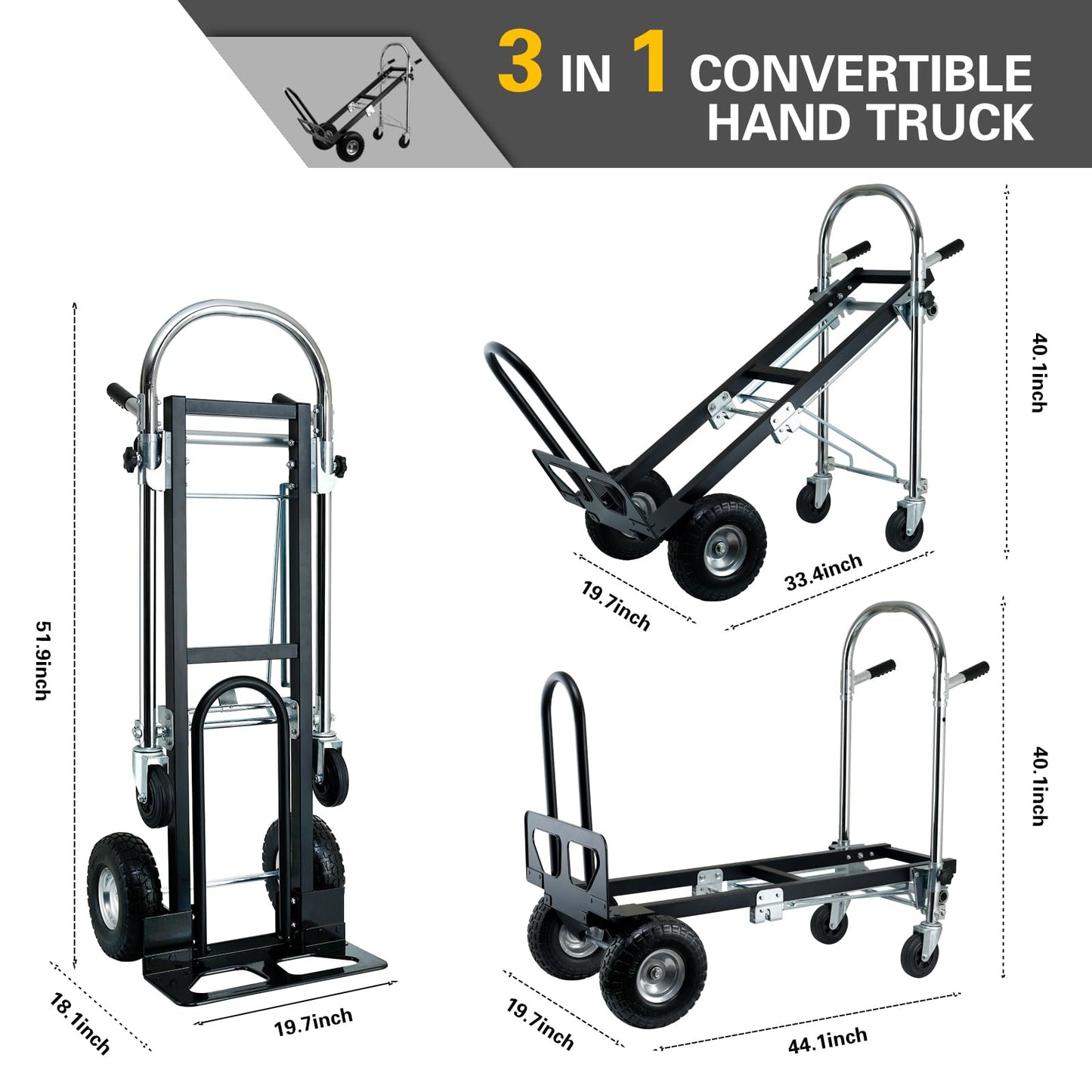 SOUTHHELP 3 in 1 Industrial Convertible Hand Truck Dolly,Dolly Cart with Wheels 1000 Lbs Capacity,Appliance Dolly with Solid Wheels for Moving,Transport in Warehouses,Home,Factory,Supermarket (Black)