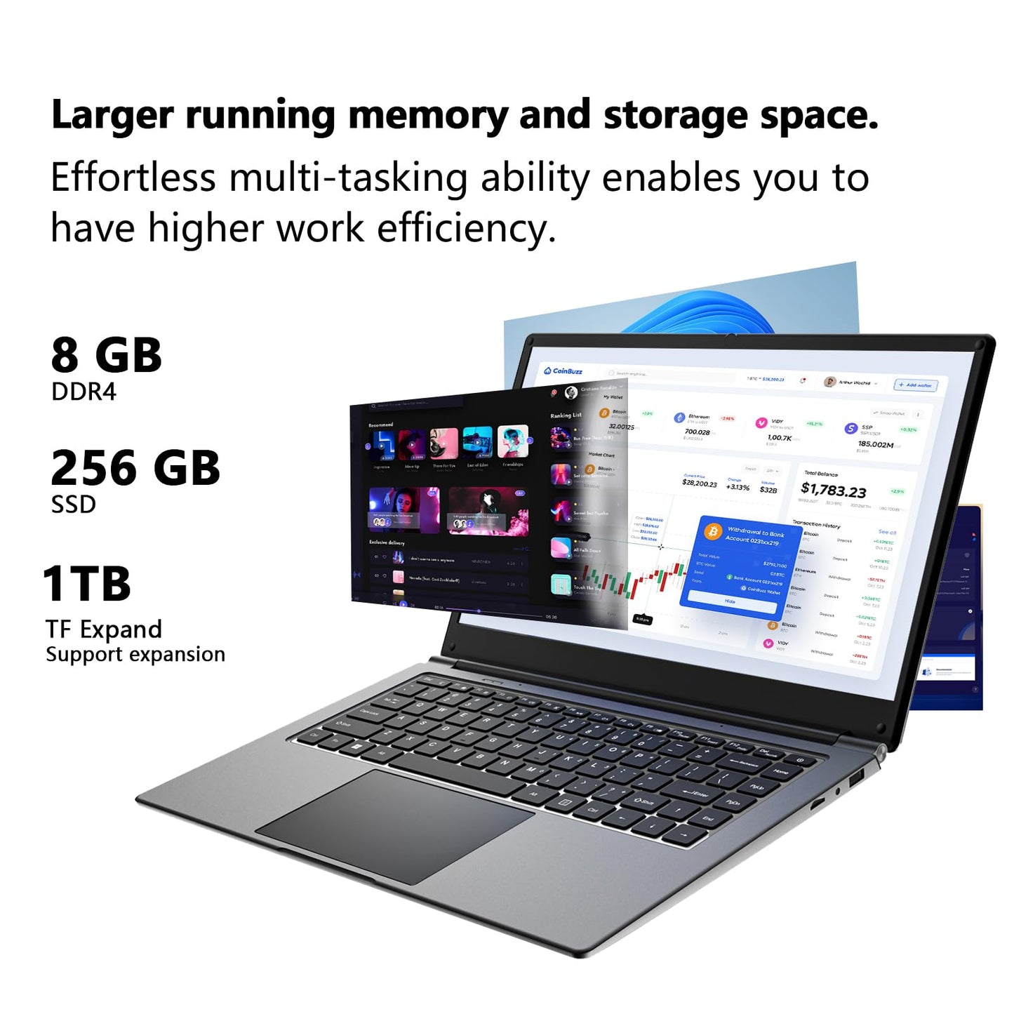 Laptop 16-inch , 8GB DDR 256GB SSD portable laptop computer, expandable to 1TB, Pentium quad-core CPU up to 2.64 GHz, 9000mAh battery, interface, USB3.0 interface, dual-band WiFi, webcam, slim laptops