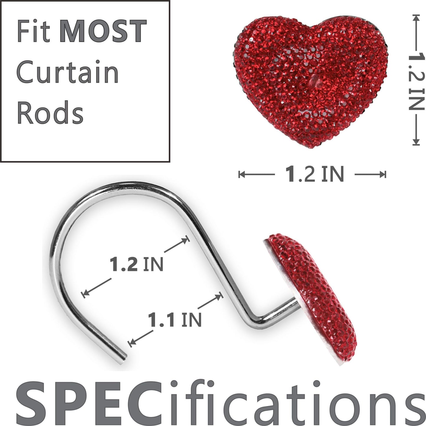Valentines Day Shower Curtain Hooks: Red Heart Shower Curtain Hooks - Luxury Sparkly Crystal Rhinestone Decorative Stainless Steel Shower Rings Hangers for Christmas Holiday Women Girls Bathroom Décor