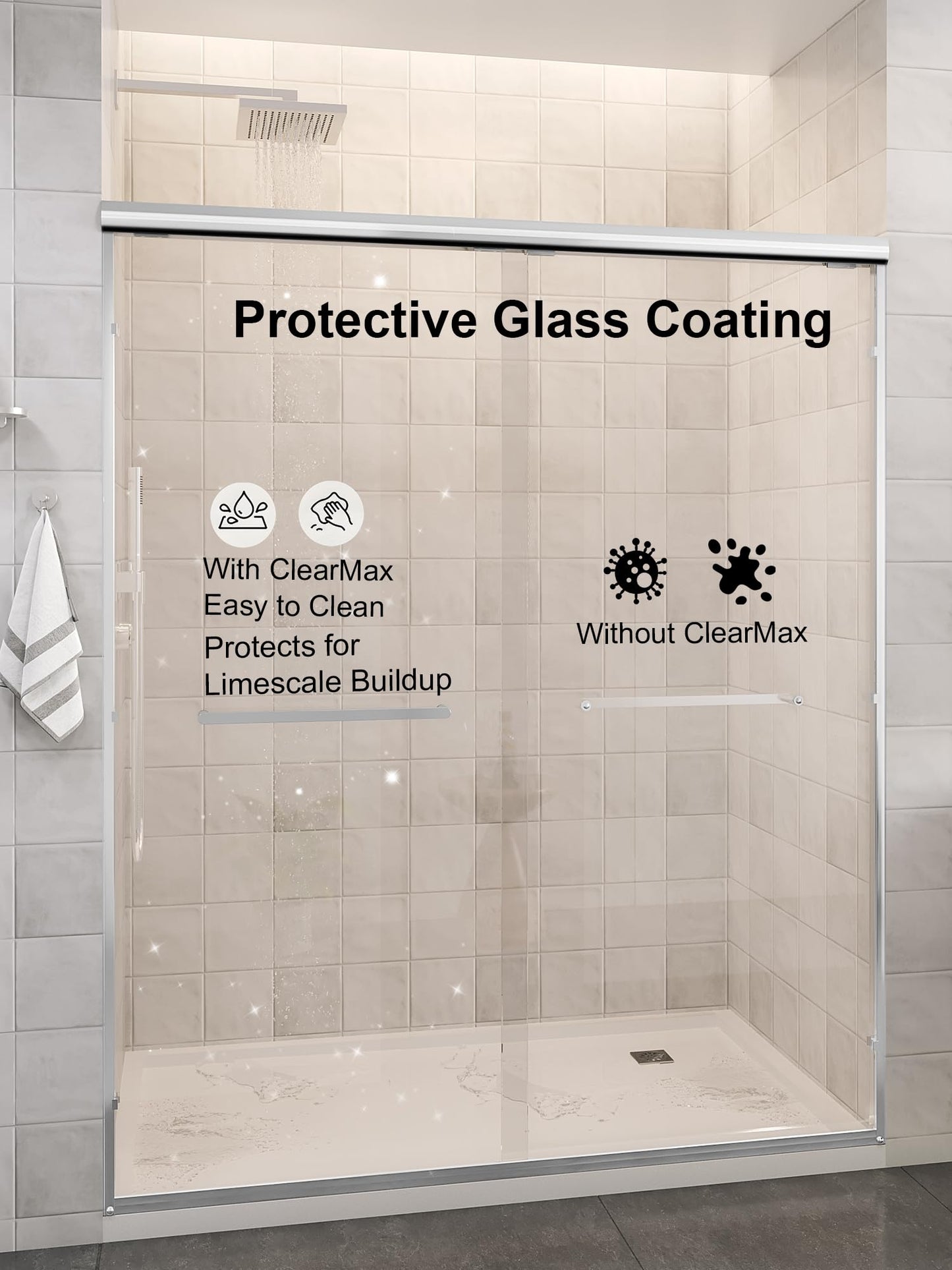 Glass Shower Door, 56"-60" W x 72" H Sliding Shower Door, Aluminum Semi-Frameless & 1/4"(6mm) Clear Tempered with Explosion-Proof Film Nano Coating Shower Door Fit for Walk in Shower, Chrome Silver