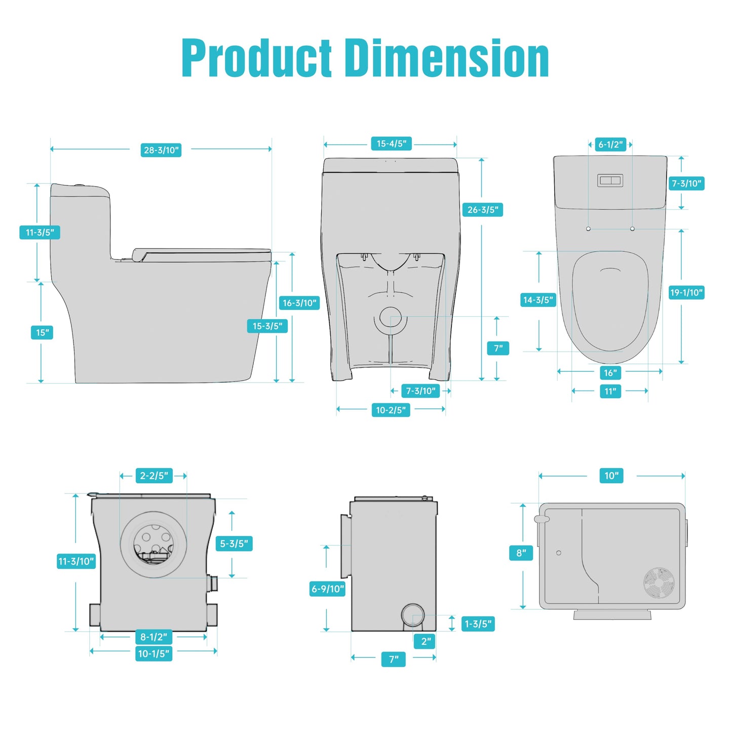 SUPERFLO One Piece Macerating Toilet System with Macerator Toilets Pump, 600W Compact Upflush Toilet for Basement - 3 Inlets for Rear Outlet Toilet Bowl, Sink & Shower