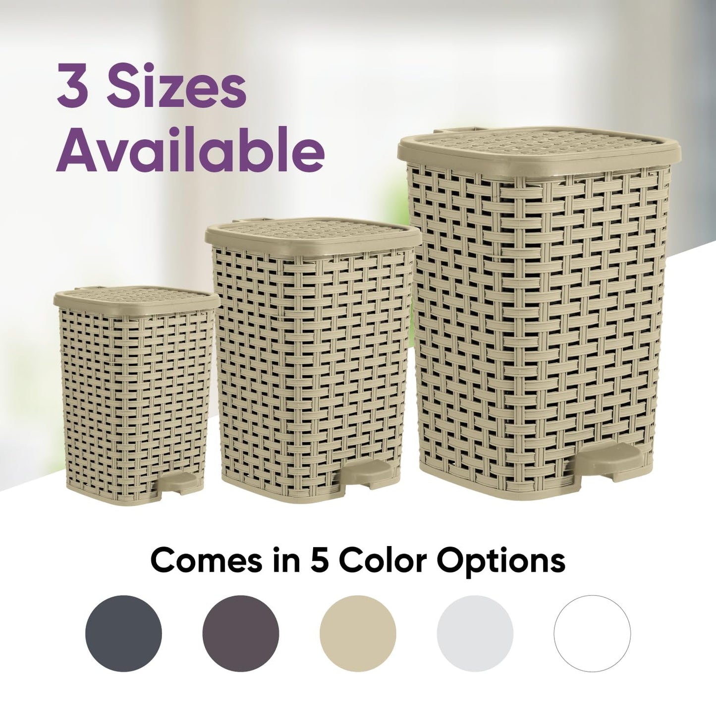 Superio Mini Trash Can with Foot Pedal Small Outdoor Garbage Can with Lid, 3 Gallon Plastic Waste Basket for Bathroom, Bedroom, Kitchen, Office, Patio (Wicker Beige 12 QT.)