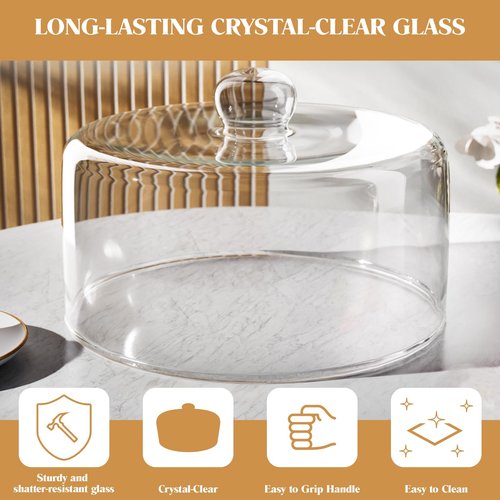 Krbnk 11 Inch Glass Cake Dome Cover, Upgraded Thickened Clear Cake Cover Lid for Cake Stand, Round Cloche Glass Dome for Dessert Plates Display and Protection