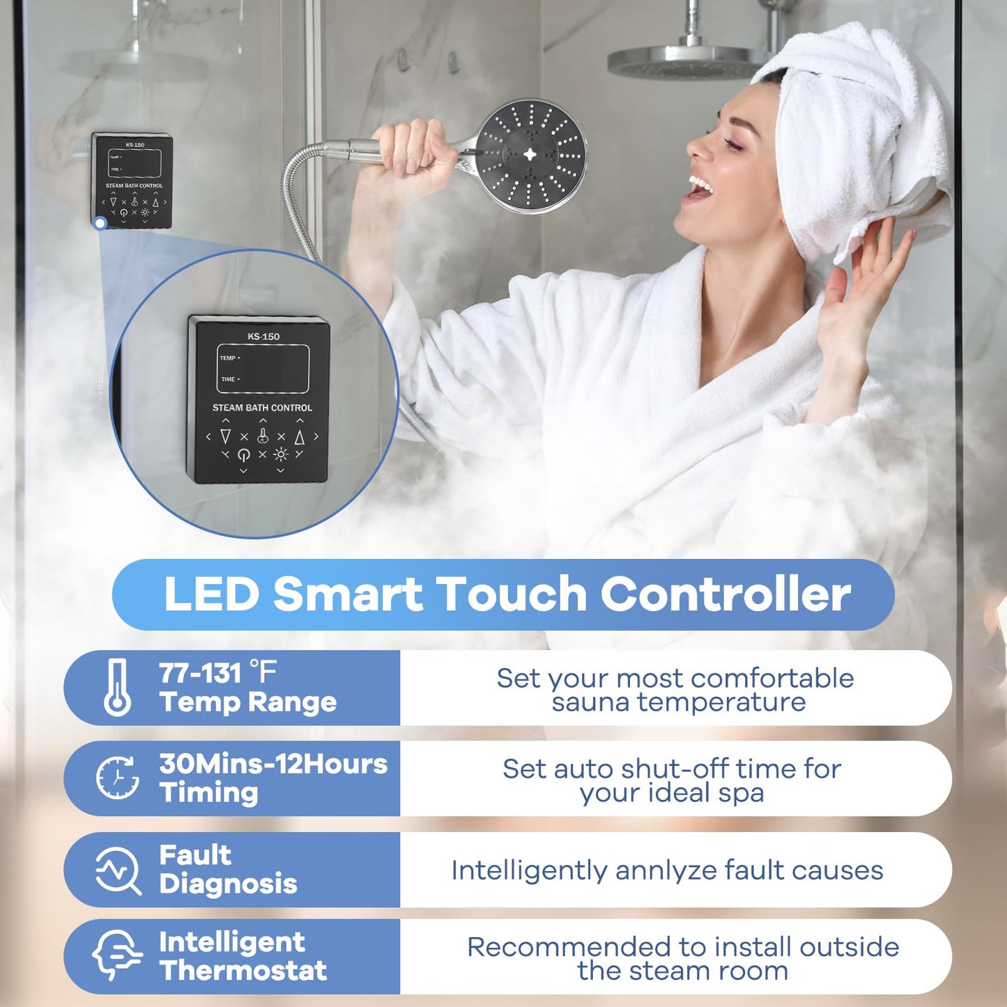 Kooby 12KW Luxury Self-draining Steam Generator Shower Sauna Bath Home Steam Bath Spa Generator with Waterproof Control and Auto Drain 95-131℉ for Max Space Heating 13 m³ (460 ft3)