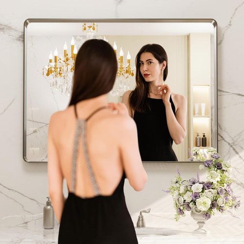 LOAAO Brushed Nickel Bathroom Mirror - 40x30 Inch Rounded Rectangle Design | Anti-Rust & Shatter-Proof