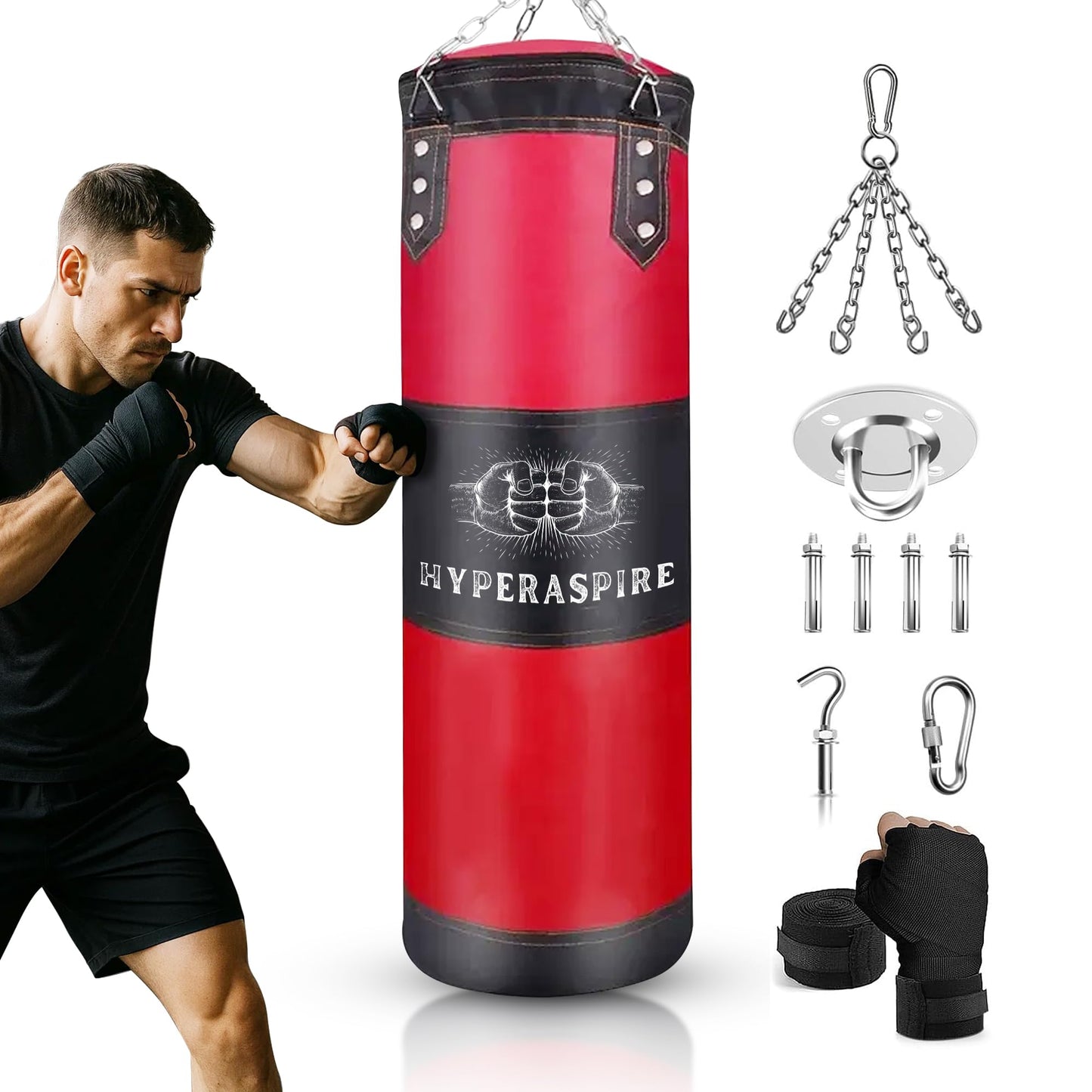 Punching Bag for Adults 4FT, Heavy Boxing Bag Set with MMA Hand Wraps & Hanging Chain,120cm PU Leather Unfilled Kicking Bag for MMA Karate Kickboxing Home Gym Training