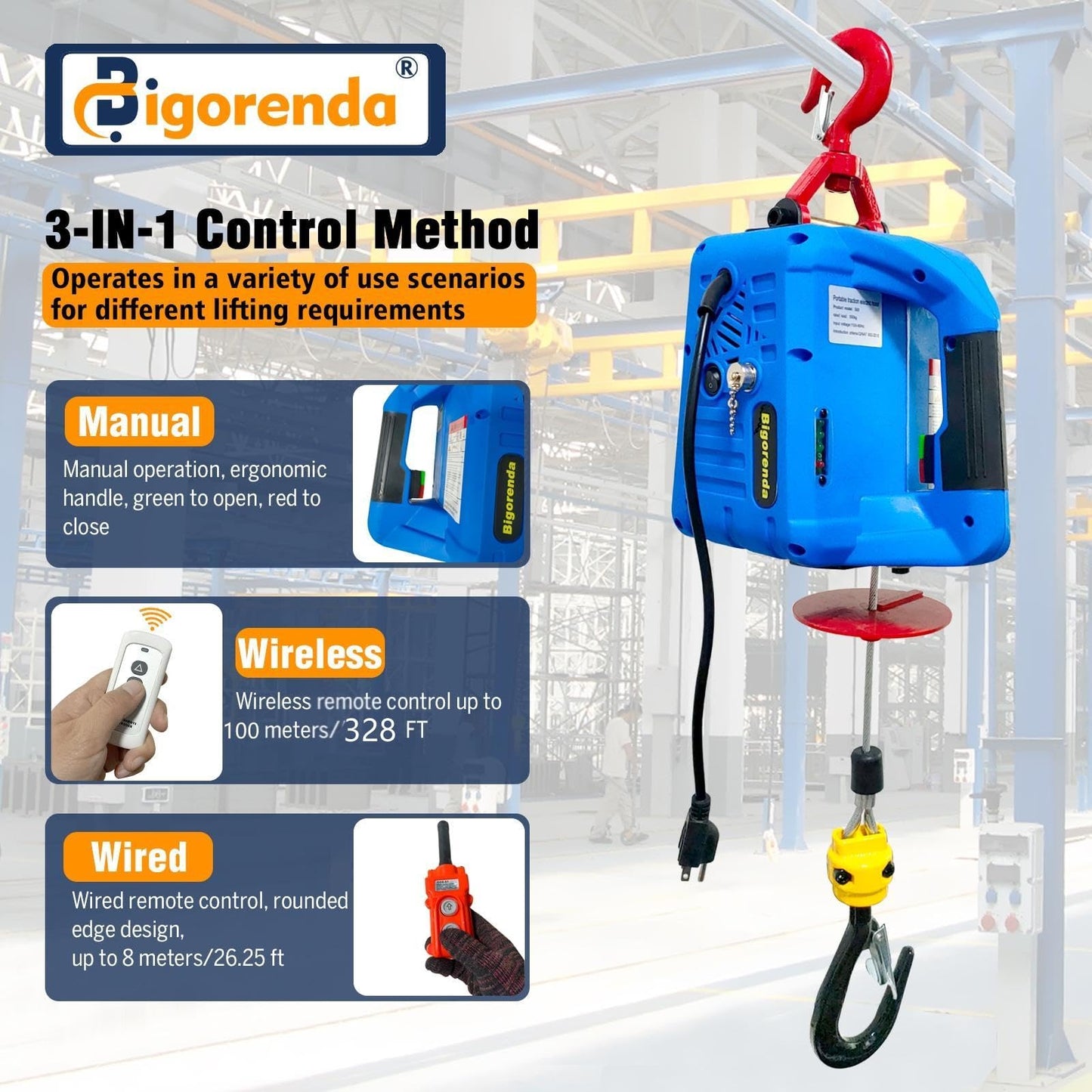 Bigorenda 3-in-1 Electric Hoist Winch,1100lb Capacity, Portable Electric Power Winch with Wire Wireless Remote Control,110V Electric Hoist Crane,26FT Lifting Height,for Warehouse,Garage,Lifting Towing