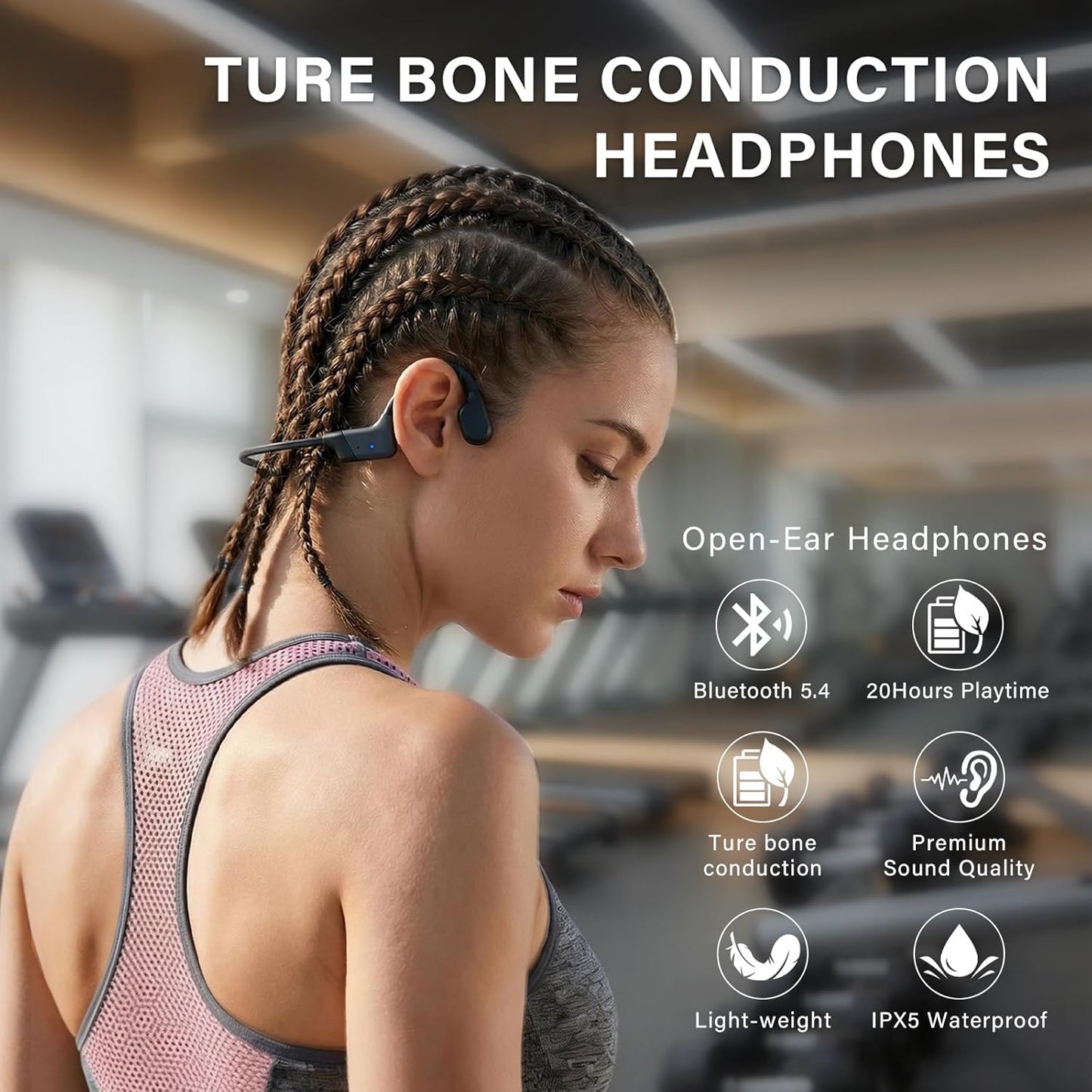 Rakklor 5.4 20 IPX5 Bone Conduction Headphones, Open-Ear Bluetooth Sport Headphones with Mic Hour Playtime, Waterproof