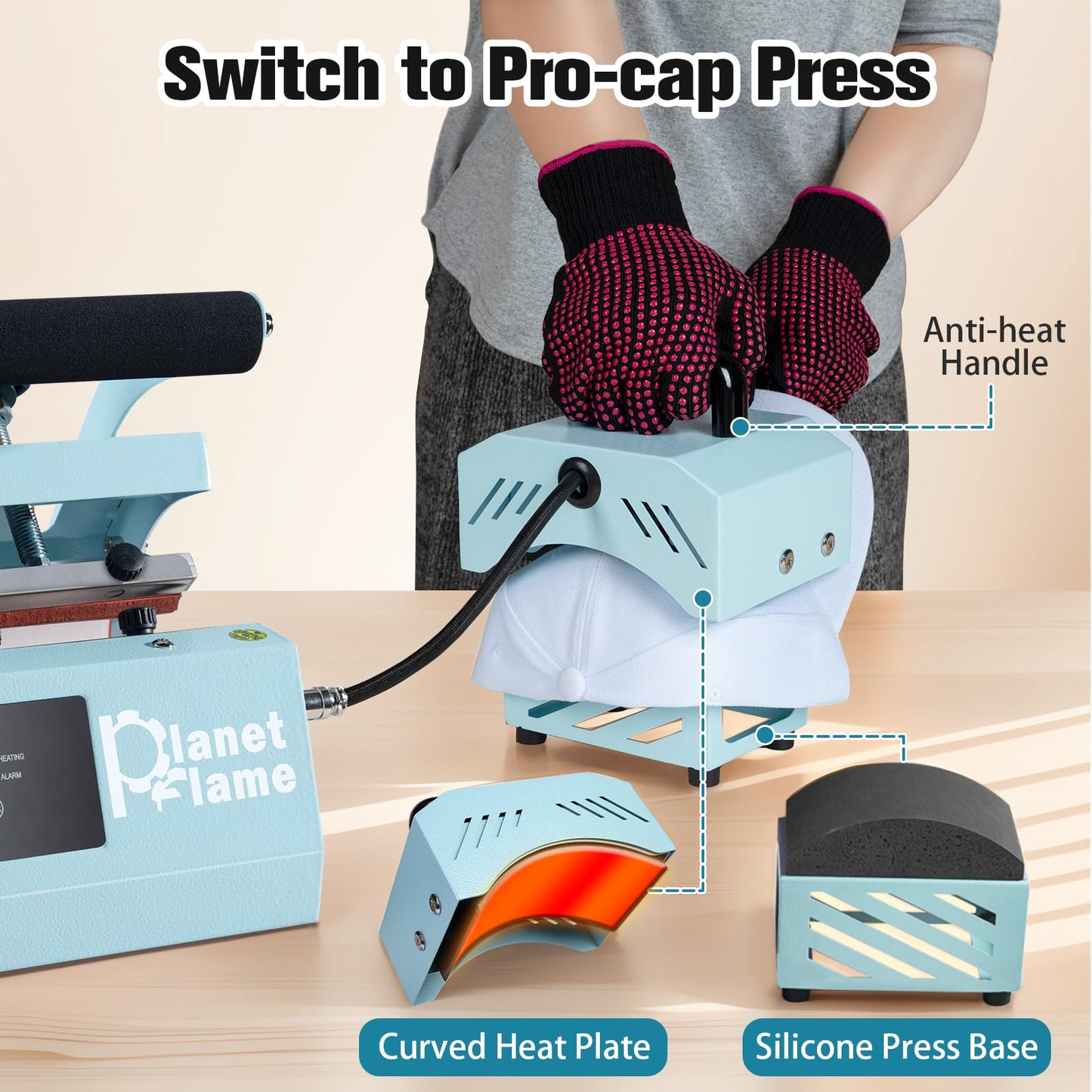 PlanetFlame Tumbler and Hat Heat Press Machine, 2-in-1 Combo Machine for Cup and Cap with Gloves and High Temp Heat Resistant Tape for 11oz-30oz Sublimation Tumbler and All Caps, Blue