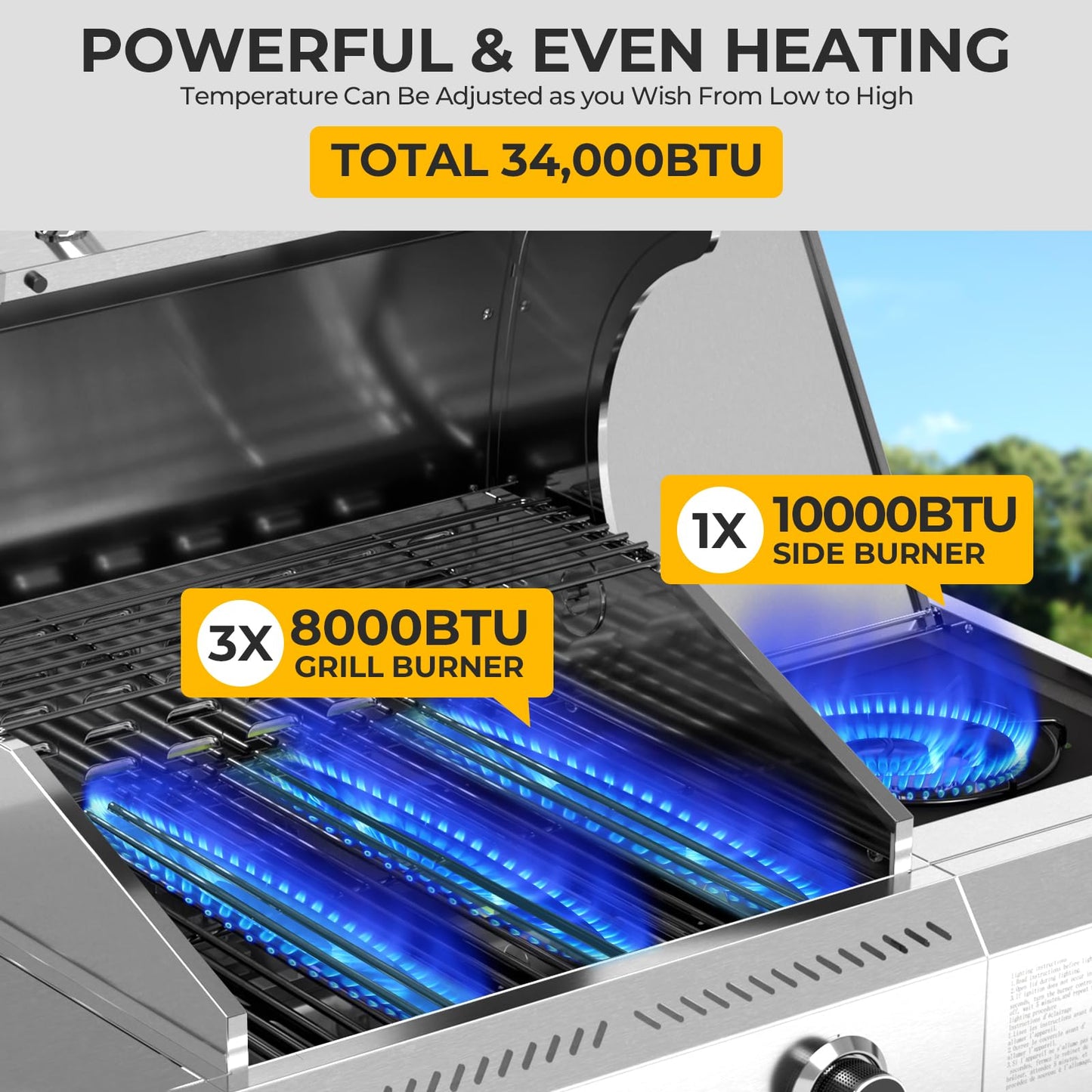 34,000 BTU 3-Burner Propane Gas Grill with Side Burner, All Stainless Steel BBQ Grill, Cast Iron Grates & Portable Cart with Wheels，Outdoor Barbecue Grill for Backyard, Patio, Camping (G31 PRO)