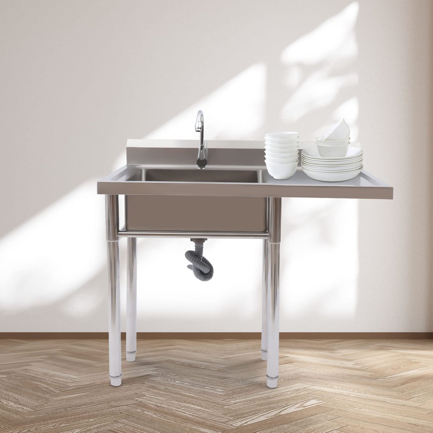 Free Standing Single Bowl Sink,Commercial Restaurant Kitchen Sink Set w/Faucet&Drainboard,1 Compartment Utility Washing Hand Basin w/Workbench&Storage Shelves for Indoor Outdoor (One Bowl)