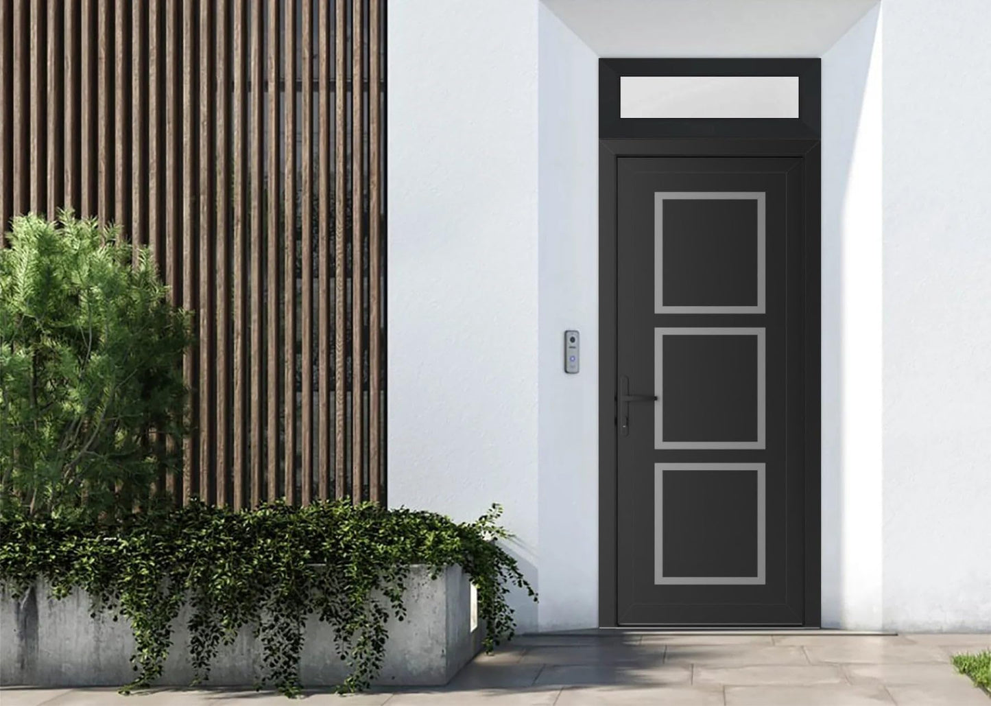 VDOMDOORS Front Exterior Prehung Metal-Plastic Door Frosted Glass | Manux 8661 Matte Black | Top Sidelite Transom | Residential Doors Entrance Patio Garage 36 x 94 (W36 x H80+14) Right-Inswing