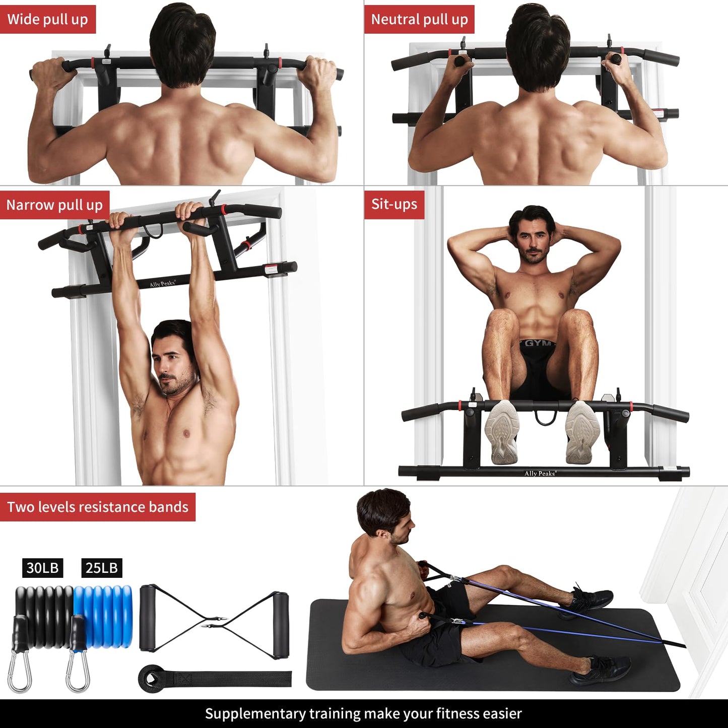 Ally Peaks Pull Up Bar for Doorway,Adjustable Handle Width Pullup Bar with 2Pcs Exercise Resistance Bands,New 2026 Upgraded At Home Workout Equipment Chin Up Bar,Multiple Original U.S. Patents