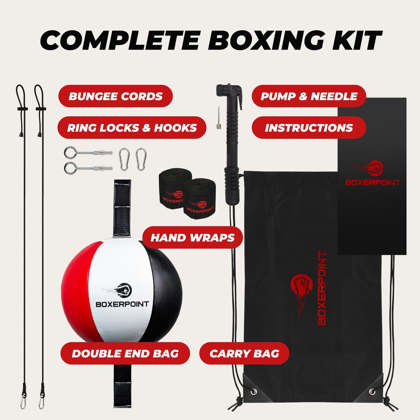 Boxerpoint Double End Boxing Bag - Small 7x7 in Red/White/Black - Birthday Gift Speed Training with Speed Punching Bag Platform & Boxing Reflex Ball - Training Station for Adults - Gym Equipment
