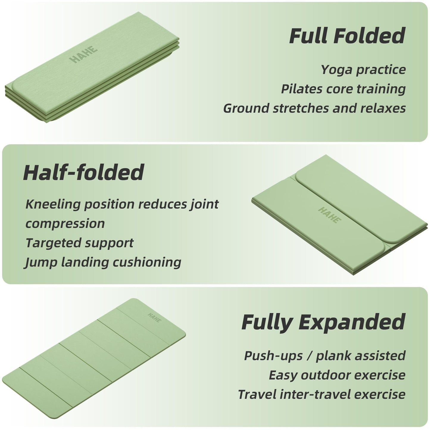 Foldable Yoga Mat,74"Lx32"Wx1/3"Thick,Folding Exercise Mat,Non-slip Wide Pilates Mats for Home Workout/Travel, Portable Yoga Mat Thick for Yoga/Pilates/Camping/Floor Exercises (Green)