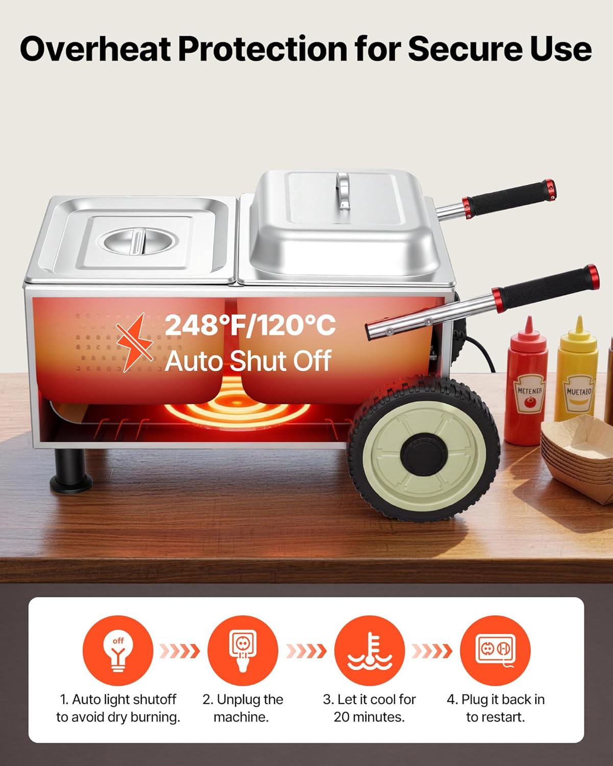 VEVOR Hot Dog Steamer Cart - 1200W Electric Stainless Steel Machine with Adjustable Temp & Umbrella