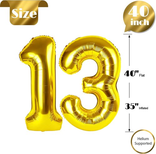 Gold Number 13 Balloon - 40 Inch Giant Foil Balloon for 13th Birthday Party Decorations