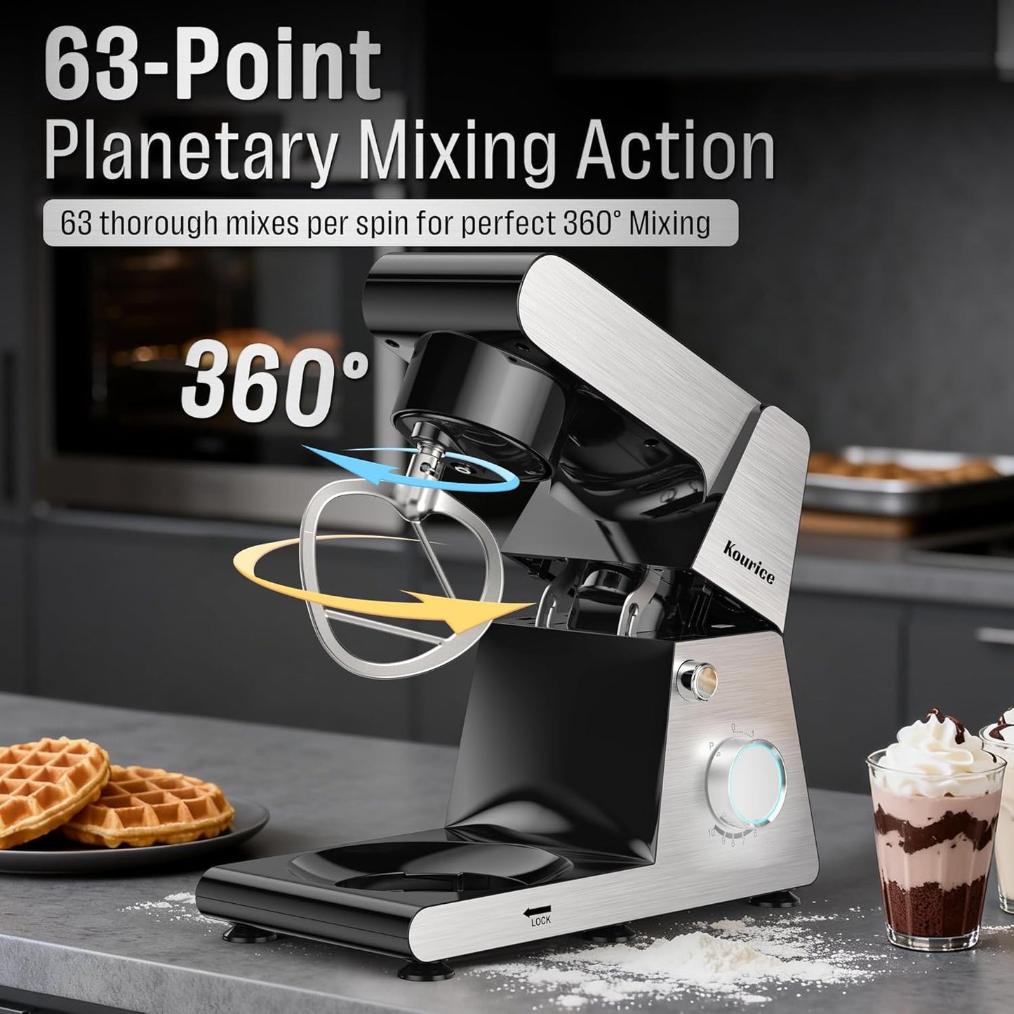 Kourice 6.5QT Tilt-Head Stand Mixer, Heavy Duty Pro 10-Speed Electric Mixer, Stainless Steel Cladding & Bowl with Dough Hook, Wire Whisk and Flat Beater for Home Baking, Bread, Cake, Pizza Dough