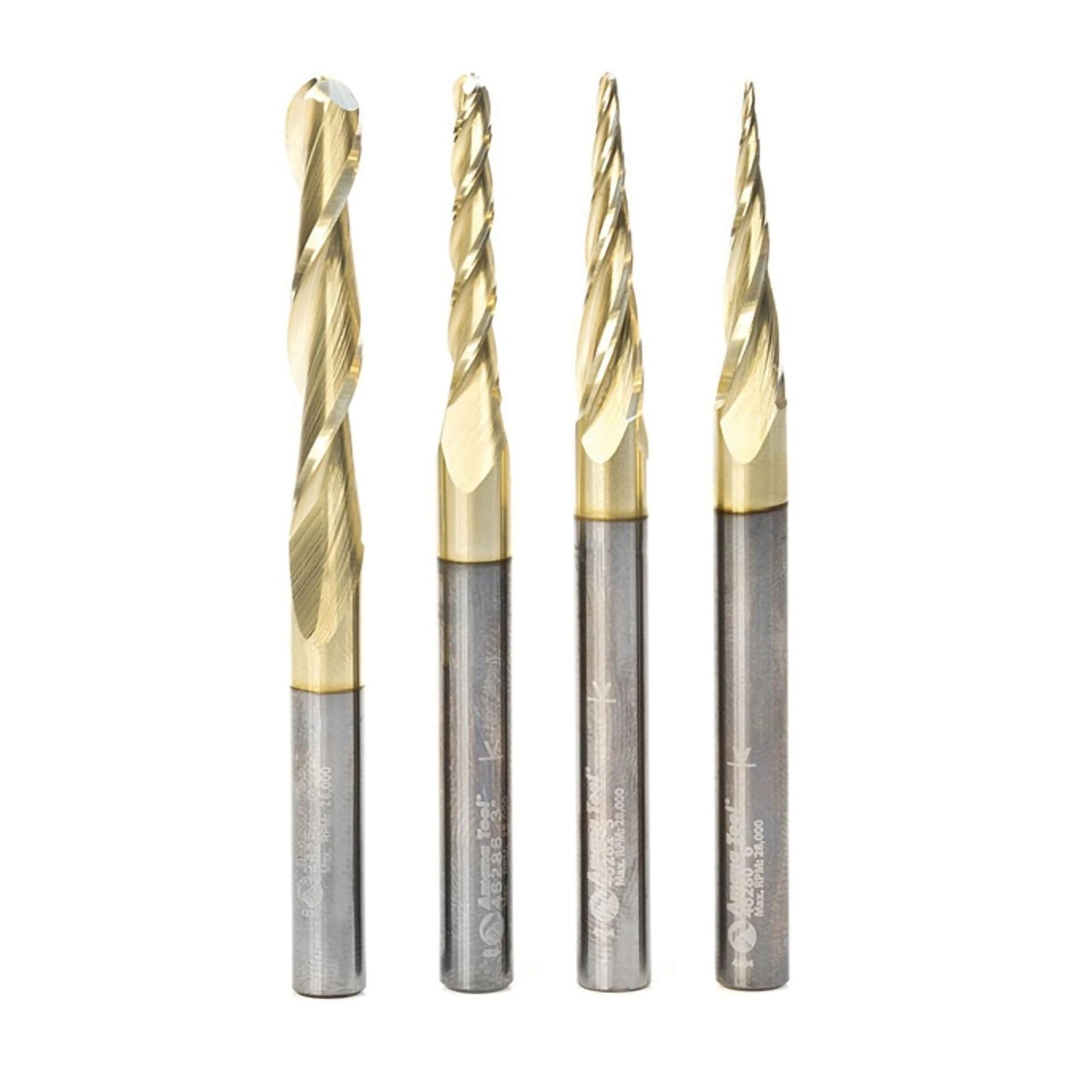 Amana Tool AMS-148 4-Pc CNC 2D and 3D Carving Ball Nose ZrN Coated SC 1/4 Inch SHK Router Bit Collection Includes 46280 (1/32) 46282 (1/16) 46286 (1/8) & 46294 (1/4 D.)