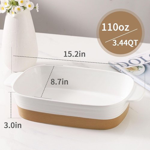 Hasense Ceramic Baking Dish - Non-Stick Lasagna Pan with Handle | 11.8x8.7 Inch, 3.4 Qt, White