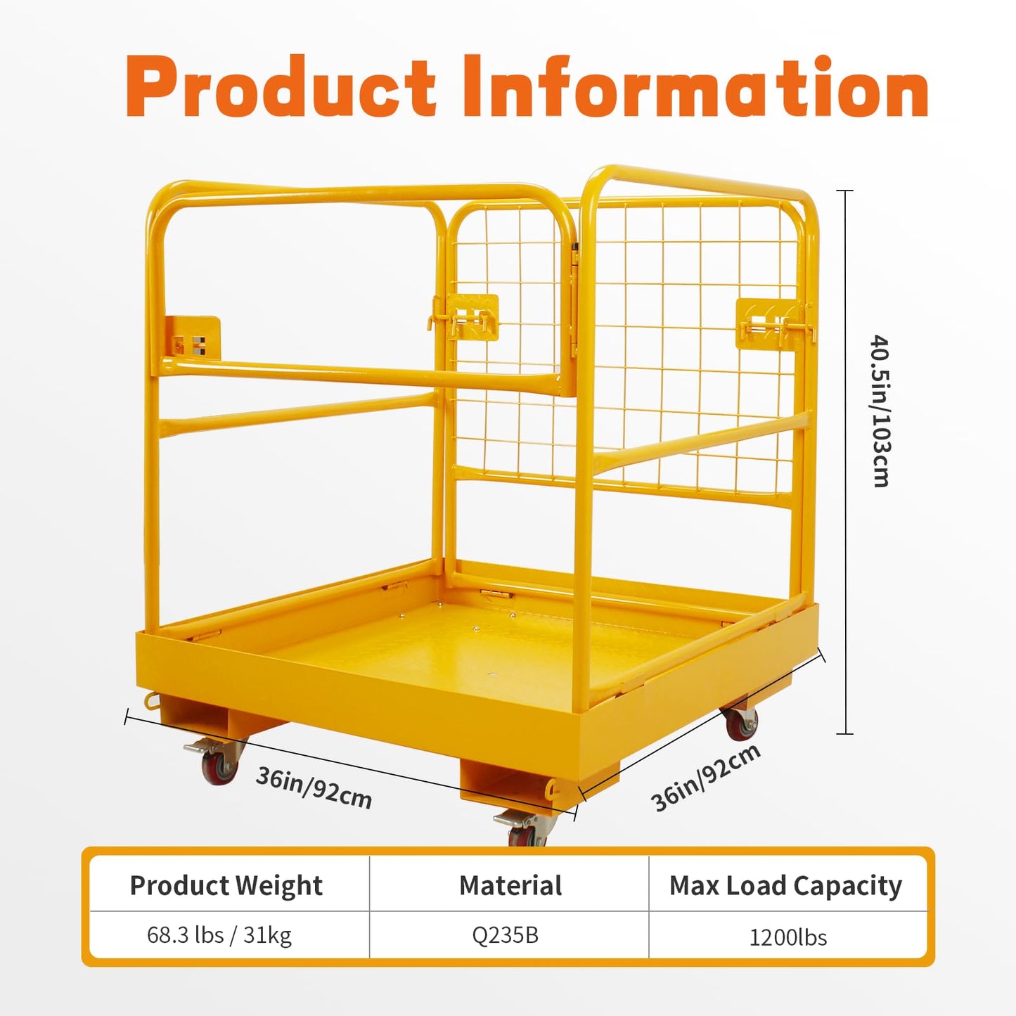 Forklift Safety Cage 36x36 Inch Forklift Man Basket Heavy Duty Lift Basket with 4 Wheels 1200LBS Capacity Safety Set for Most Aerial Jobs