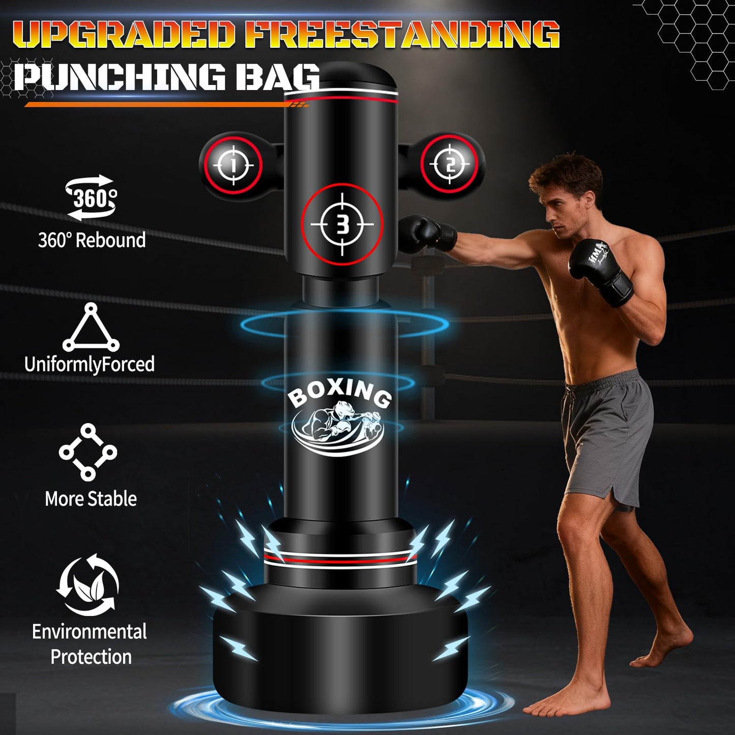 Heavy Boxing Bag with Stand for Adult Teens, 70'' Freestanding Punching Bag with Boxing Gloves, Men Women Standing Kickboxing Bag, Kickboxing Bags for Beginners Training MMA Muay Thai Fitness Home Gym
