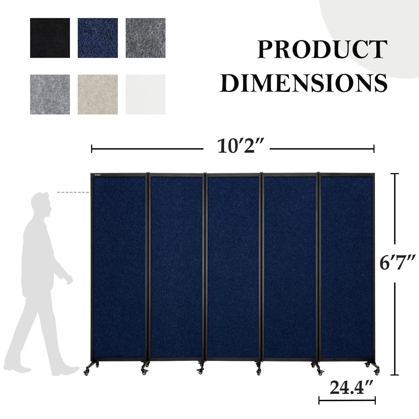 Upgrade Version Room Partition and Divider, Freestanding Rolling Dividers with Wheels,Office Privacy Screen Divider Wall,Classroom Felt Dividers,10'6"L* 6'7"H,5 Panel,Blue