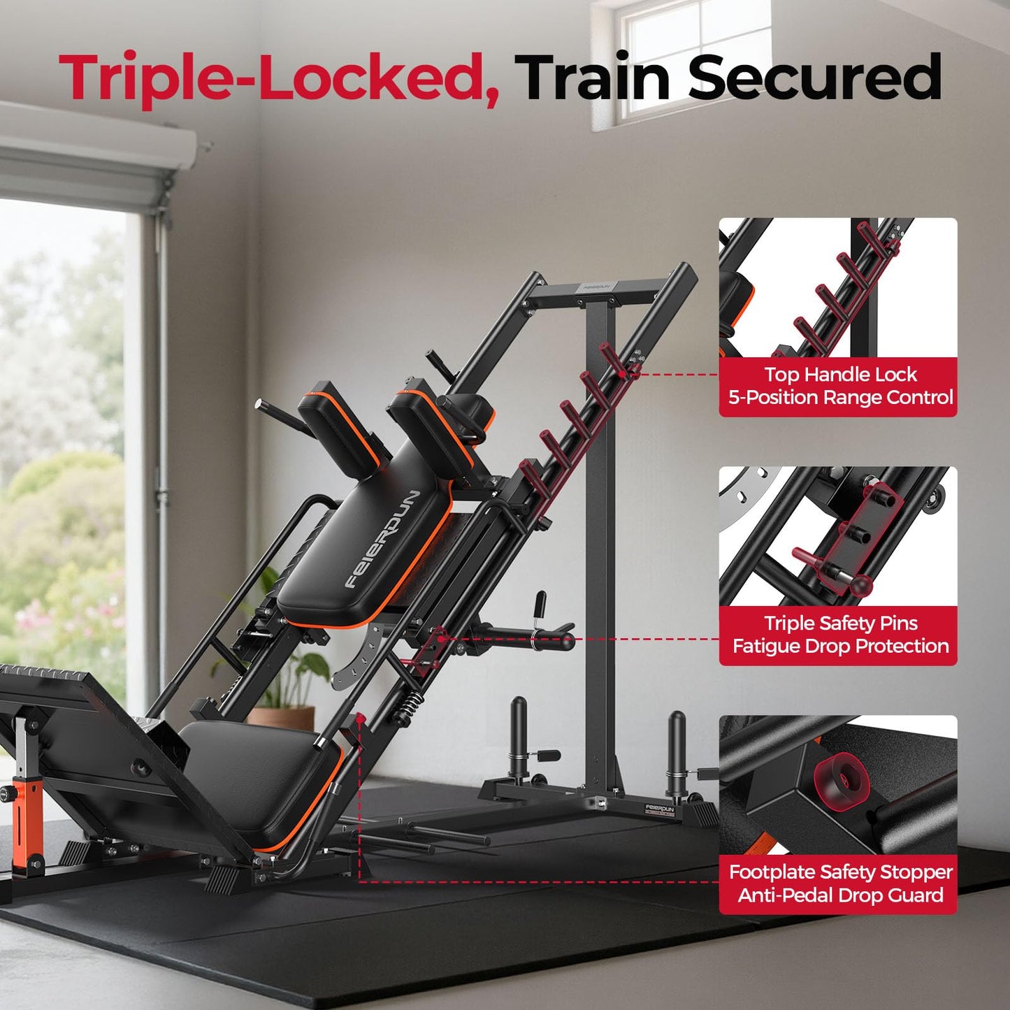 FEIERDUN 3‑in‑1 Leg Press Hack Squat Machine with Stretch Board – Adjustable Leg Press Machine for Home Gym with Full Range of Motion & Ultra-Quiet Pulley System