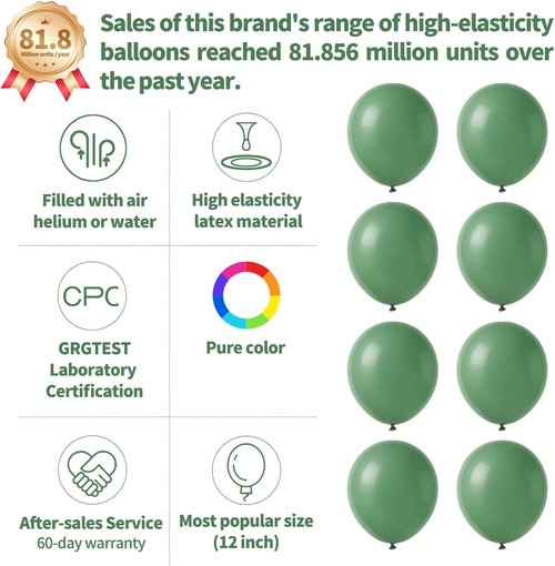 Dark Sage Green Balloons - 110 Pcs 12-Inch Latex Party Balloons with Ribbons for Themed Events