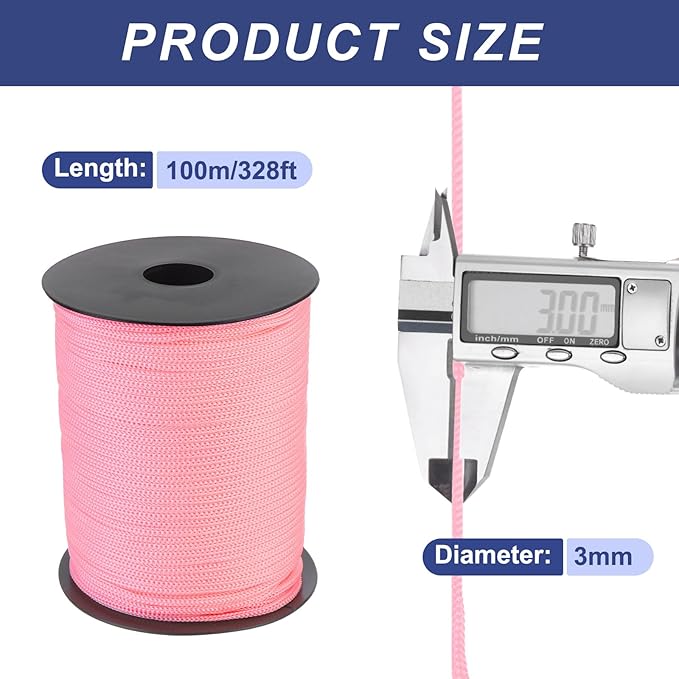 MECCANIXITY 1/8 Inch Polypropylene Rope Braided Ropes, 328ft Nylon Rope Hollow Utility Cord for Clothesline, Camping, Hiking, Outdoor, Pink