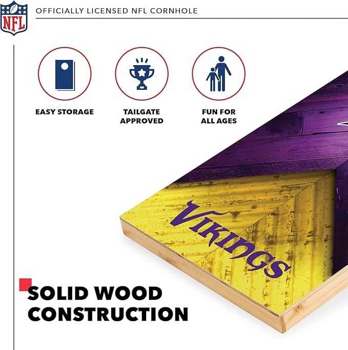 NFL Football 2' x 4' Regulation Size Solid Wood Cornhole Set with Direct Print HD Team Graphics Great Gift for Any Football Fan! Bean Bag Toss Family Outdoor Game