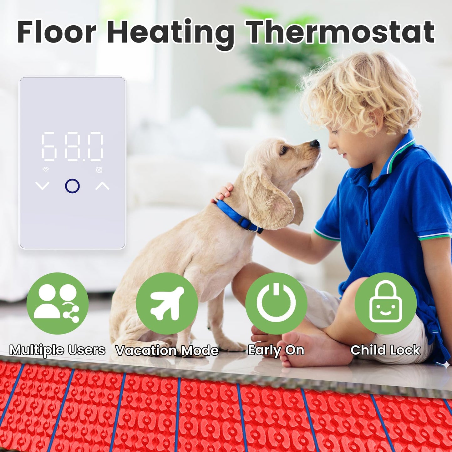 MAXKOSKO 2Pcs WiFi Smart Thermostat for Electric Floor Warming System with Touchscreen LED Display 120V/240V, Easy Connection & Energy Saving Home Programmable Thermostat White