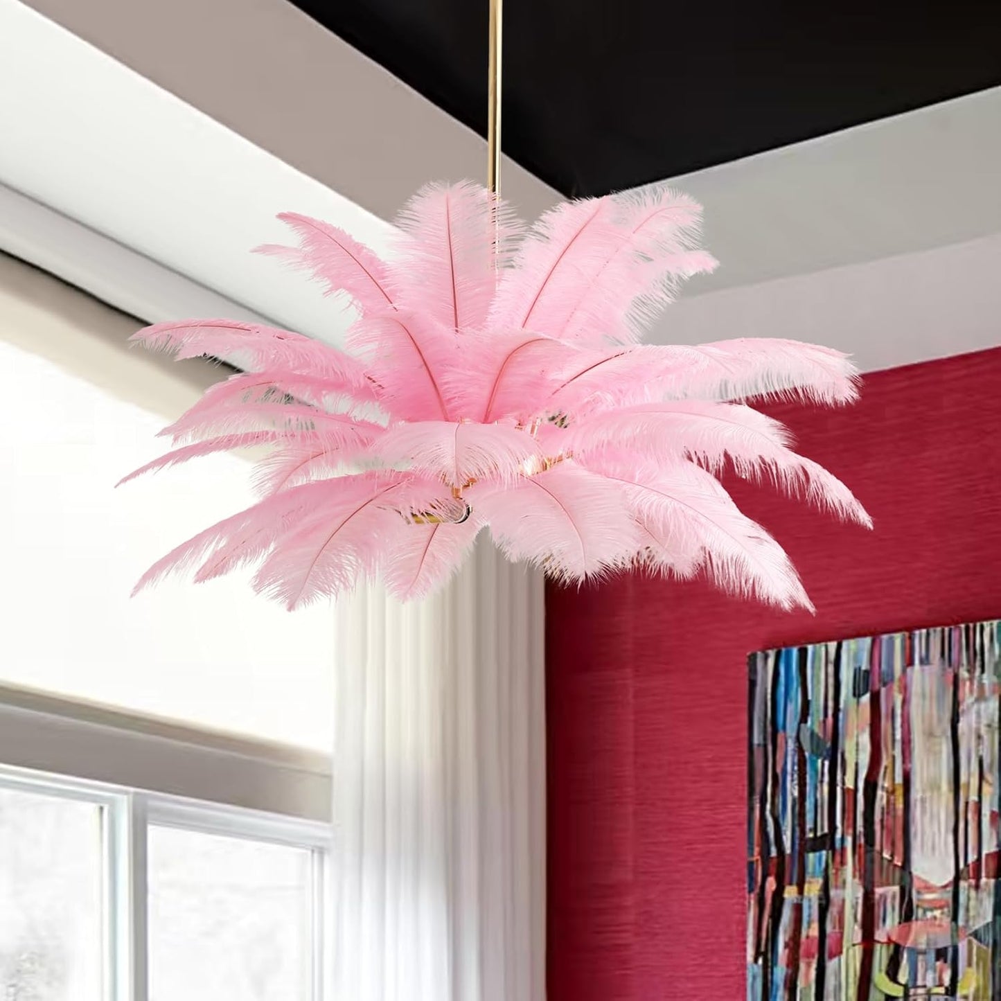 NZV Pink Feather Chandelier - Romantic Ostrich Feather Pendant Light for Girls' Room | 23.6in E14 Base